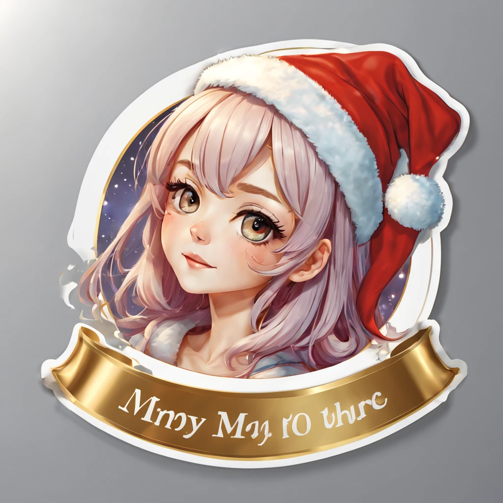 (a sticker,),(3D anime santa hat girl),bright colored hair,Slim, ellegance, There is also a touch of mystery.(In circles), (Christmas background), (Gold border)，, ultra - detailed, Detailed diagram, vectorized, 8K, 专业a sticker设计, Graphic design, vector lines, a sticker, Full-HD