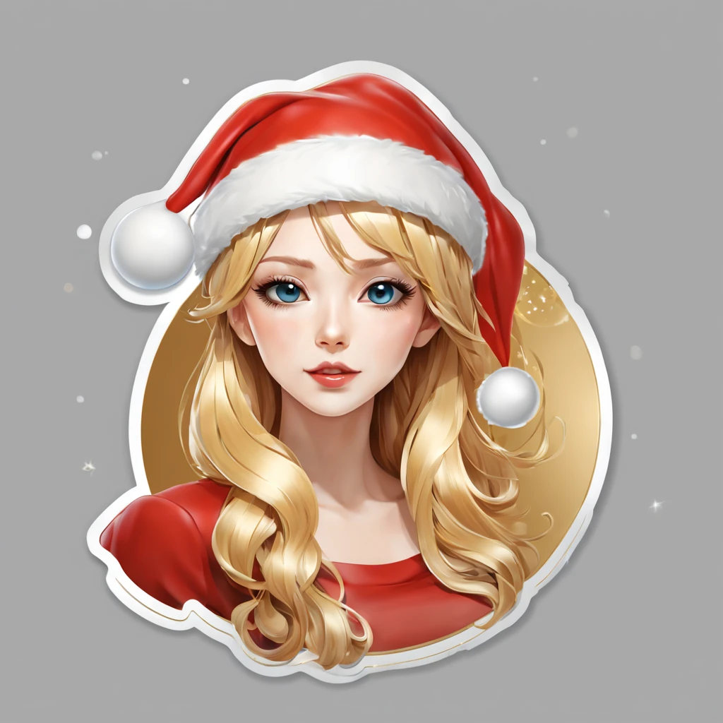 (a sticker,),(3D anime santa hat girl),bright colored hair,Slim, ellegance, There is also a touch of mystery.(In circles), (Christmas background), (Gold border),, ultra - detailed, Detailed diagram, vectorized, 8K, 专业a sticker设计, Graphic design, vector lines, a sticker, Full-HD