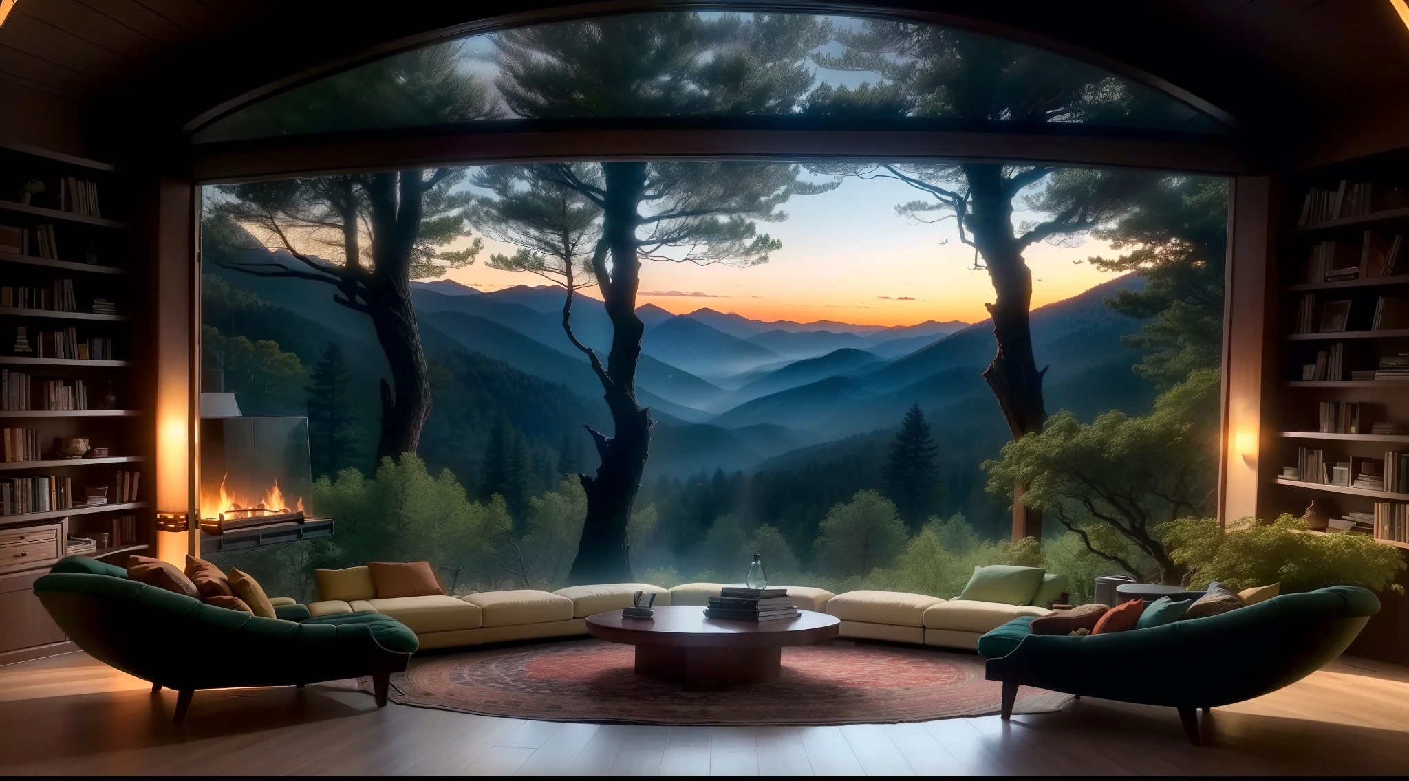 a view of a living room with a couch and a table, relaxing environment, cozy place,All set amidst stunning outdoor landscapes, Comfortable and peaceful atmosphere, Overlooking the vast and tranquil forest, cozy environment, Computer desktop stock trend chart,fireplace, blend into the mountains, soothing and cozy landscape, beautiful light landscape
