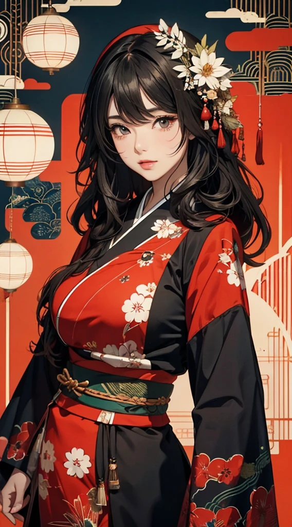 ((8k wallpaper of extremely detailed CG unit, masterpiece, hight resolution, top-quality, top-qualityのリアルテクスチャスキン)), (a very beautiful woman, Plump lips, The upper part of the body, Posing like a model:1.5, Japanese pattern haori:1.2, parka, Micro Mini Shorts), (A dark-haired, hair messy, de pele branca), ((Colorful background with geometric patterns, Japanese pattern background, warm color)), (hyper realisitic, digitial painting),