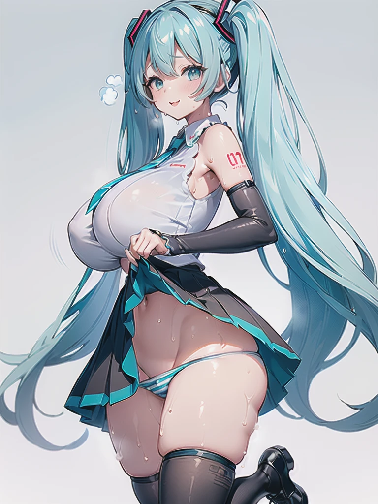 (((best quality, masterpiece, high resolution, ultra-detailed, 4K, 8K))), 1 girl, ((hatune miku)), (, cute girl, pretty girl), BREAK (teal twintalls, teal hair), (white blouse with blue edges, white no-sleeve, sleeveless, black independent sleeves and armcover), blue necktie, (black micro mini skirt, skirt hem blue), ((fully exposed panties, blue stripes panties:1.2)) (black knee high socks and shoes, black thighhighs), BREAK (thin waist, small hips), (((gigantic breasts, sweat, thic thighs:1.4))), light smile, blush, (:p, long tongue)), (looking back:1.3), (Skirt flutters, Skirt lifted)