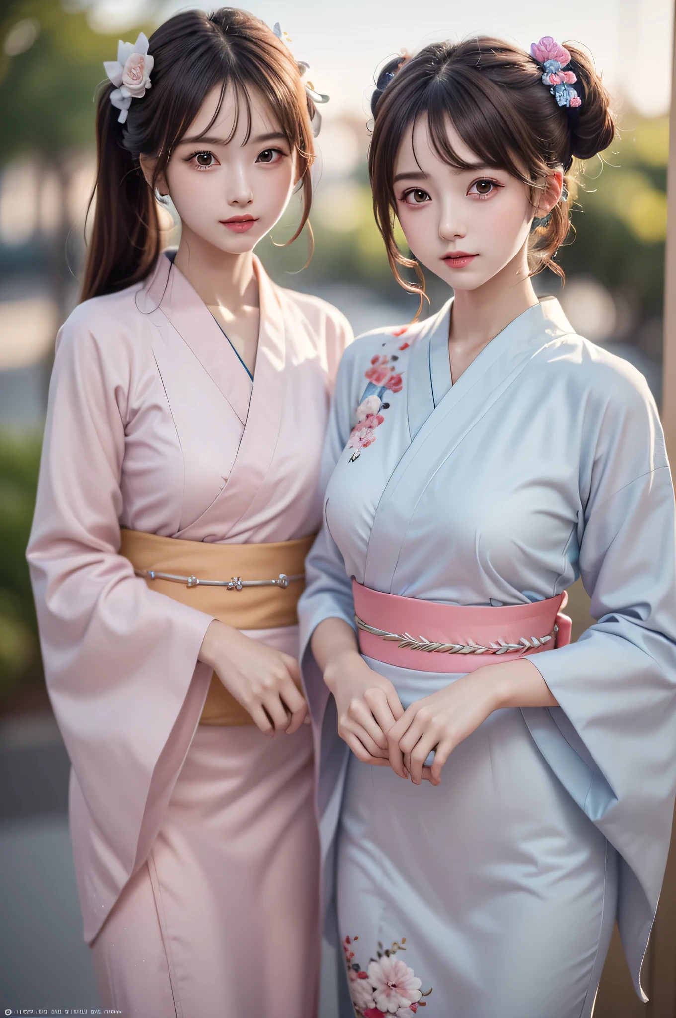 ((2girls)), ((Best Quality)), (Ultra-detailed), (extremely detailed CG unified 8k wallpaper), Highly detailed, High-definition raw color photos, Professional Photography, (Twin-tailed), Brown hair, Amazing face and eyes, Pink eyes, (amazingly beautiful girl), (Furisode:1.5), (Kimono:1.2), (((Bokeh))), depth of fields,