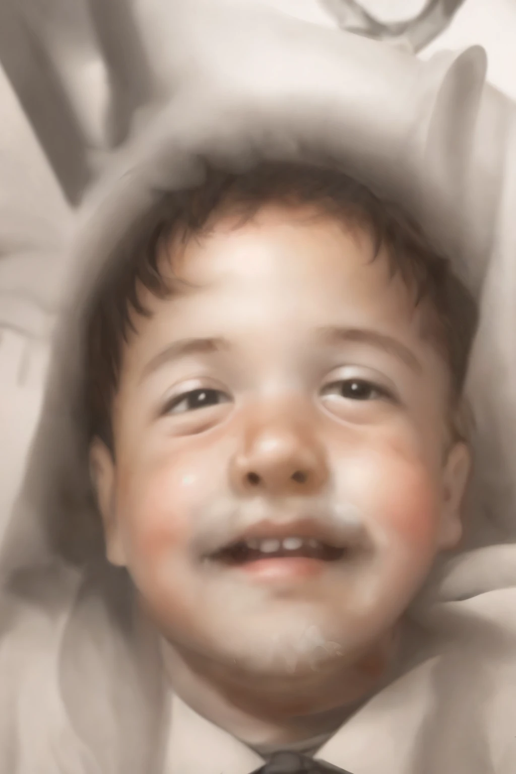 Retrato realista de um menino de sete anos, Ele usa uma camisa vermelha . Your face is and exploratory . Ele sai cautelosamente para o jardim da casa, A small cat is among the bushes and he touches it cautiously ,Not facing the camera,, Hair is messy ,