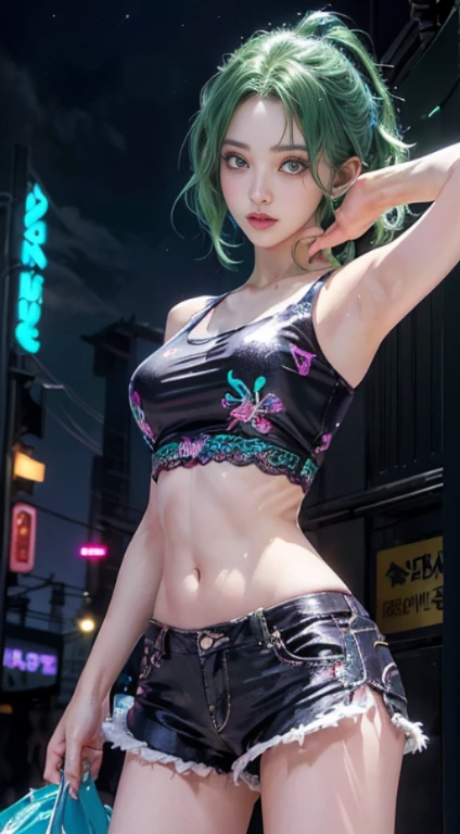 Girl YouTuber,(((1girl in))),((通りを歩いているとてもかわいい美しいGreen curly hairのポニーテールの女の子)),
(short chest:1.4),(((Green curly hair:1.35,Very curly hair,Colored inner hair,Ear breathing,Short hair))),((Green eyes:1.3,upward-eyed:1.flawlessな目,Beautiful detailed eyes,Rainbow shines highly detailed yellow eyes:1.1,Gradient Eyes:1,finely detailed beautiful eye:1,Symmetrical eyes:1,big highlight on eyes:1.2)),((Fat)),(((Lustrous skin:1.5,bright skin: 1.5,skin tanned,Shiny skin,Very shiny skin,Shiny body,plastic glitter skin,exaggerated shiny skin))),delicate detailed fingers,Detailed body,detailed arms,Human Hands,(Detailed face)),
Cute,sluttish,Seductive,Erotic,(((NSFW))),
zettai ryouiki,Revealing clothing,Show skin,((Ultra Miniskirt,beautiful thief's boobs、Beautiful navel、Beautiful collarbone、Beautiful shorts with beautiful armpits、Visible lace strap,White loose tank top with anime girl print)),(detailed costume,detailed clothes),
(Dynamic Pose:1.0),Solo Focus,embarrassed,Centered,scale to fit the dimensions,thirds rule,
Outdoors,((Night view)),(Neon synth waves in a very beautiful city,Cyberpunk Night Street Background:1.5,dark sky,Thick clouds),Vehicles of the future,((Neon light)),Thick clouds,(Cyberpunk style,Neon light, (Synthwave theme background), Lonely street),(((Detailed background:1.25))),
(Best Quality),(High resolution),(Sharp Focus),(ultra-detailliert),(Extremely detailed),(Very high quality artwork),8K_Wallpaper,(8K HDTV CG),(Very fine 8K CG),((hyper super ultra detailed perfect piece)),flawless,(((masutepiece))),Illustration,Vibrant colors,(Convoluted),High contrast,Selective lighting,double exposure,nffsw (High dynamic range),Post-processing,Background blur,