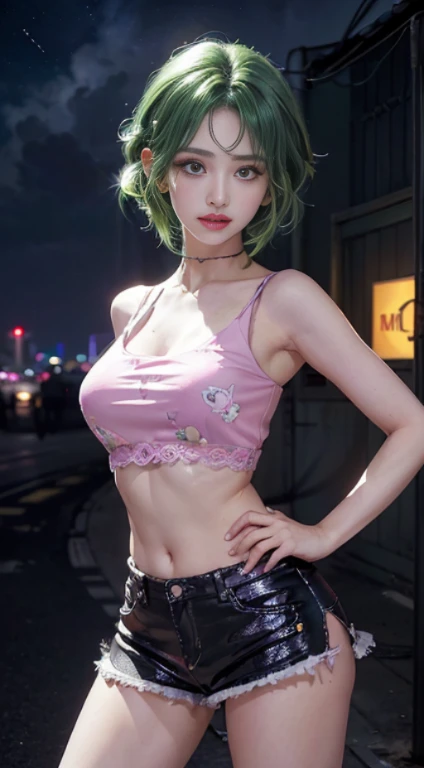 Girl YouTuber,(((1girl in))),((通りを歩いているとてもかわいい美しいGreen curly hairのポニーテールの女の子)),

(short chest:1.4),(((Green curly hair:1.35,Very curly hair,Colored inner hair,Ear breathing,Short hair))),((Green eyes:1.3,upward-eyed:1.flawlessな目,Beautiful detailed eyes,Rainbow shines highly detailed yellow eyes:1.1,Gradient Eyes:1,finely detailed beautiful eye:1,Symmetrical eyes:1,big highlight on eyes:1.2)),((Fat)),(((Lustrous skin:1.5,bright skin: 1.5,skin tanned,Shiny skin,Very shiny skin,Shiny body,plastic glitter skin,exaggerated shiny skin))),delicate detailed fingers,Detailed body,detailed arms,Human Hands,(Detailed face)),

Cute,sluttish,Seductive,Erotic,(((NSFW))),

zettai ryouiki,Revealing clothing,Show skin,((Ultra Miniskirt,beautiful thief&#39;s boobs、Beautiful navel、Beautiful collarbone、Beautiful shorts with beautiful armpits、Visible lace strap,White loose tank top with anime girl print)),(detailed costume,detailed  clothes),

(Dynamic Pose:1.0),Solo Focus,embarrassed,Centered,scale to fit the dimensions,thirds rule,

Outdoors,((Night view)),(Neon synth waves in a very beautiful city,Cyberpunk Night Street Background:1.5,dark sky,Thick clouds),Vehicles of the future,((Neon light)),Thick clouds,(Cyberpunk style,Neon light, (Synthwave theme background), Lonely street),(((Detailed background:1.25))),

(Best Quality),(High resolution),(Sharp Focus),(ultra-detailliert),(Extremely detailed),(Very high quality artwork),8K_Wallpaper,(8K HDTV CG),(Very fine 8K CG),((hyper super ultra detailed perfect piece)),flawless,(((masutepiece))),Illustration,Vibrant colors,(Convoluted),High contrast,Selective lighting,double exposure,nffsw (High dynamic range),Post-processing,Background blur,