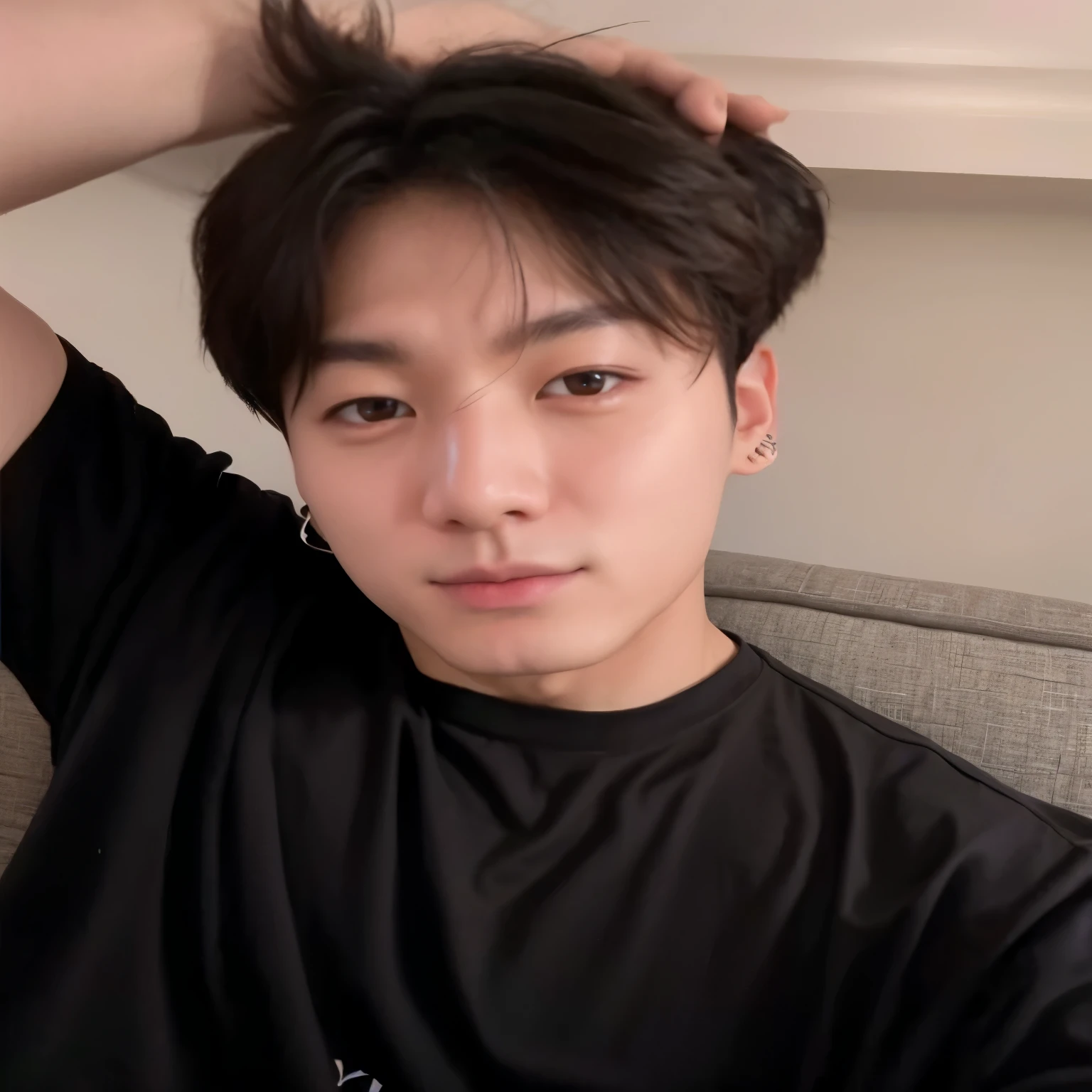 arafed asian man in a black shirt sitting on a sofa, jungkook, Cai Xukun, Hyung Tae, Wan adorable cara coreana, Taejune Kim, Kim Doyoung, Foto de perfil de la foto de cabeza, 1 7 years - child of thin face age, Shin Jeongho, Hong June Hyung, Yoongi de pelo negro