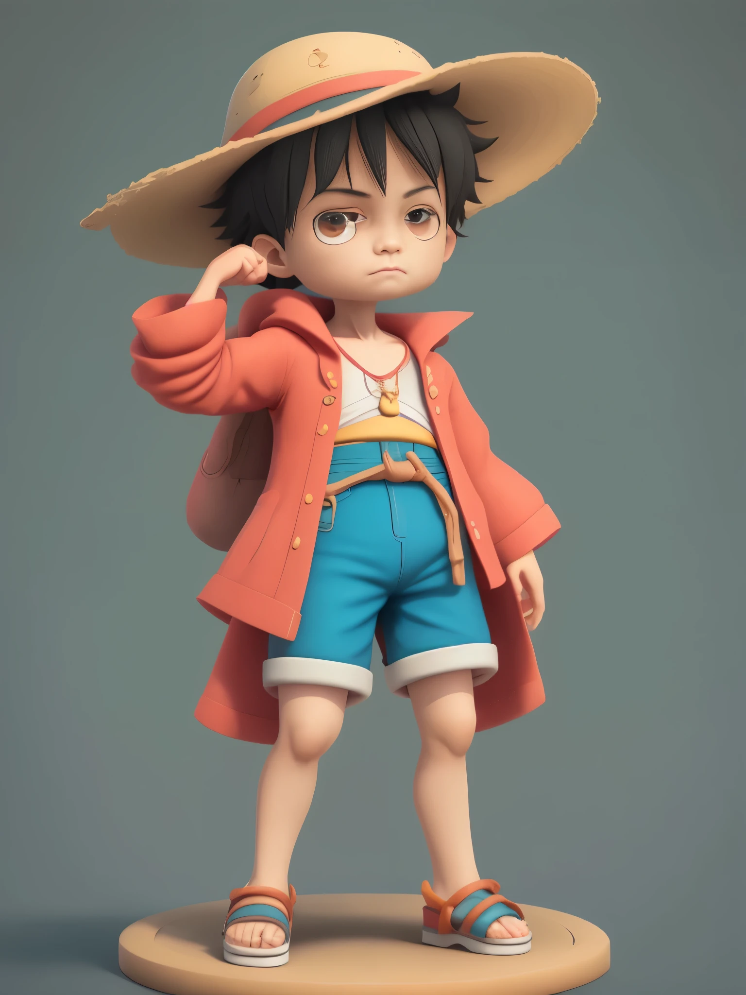 cute 3d render, cute detailed digital art, male pirate mini cute boy, cute digital painting, stylized 3d render, cute digital art, cute render 3d anime boy, luffy the little pirate looks up, cute! c4d, portrait anime sea pirate boy, he is wearing an open long-sleeved red cardigan with four buttons, with a yellow sash tied around his waist, blue shorts with cuffs, sandals, Straw hat with a red ribbon.