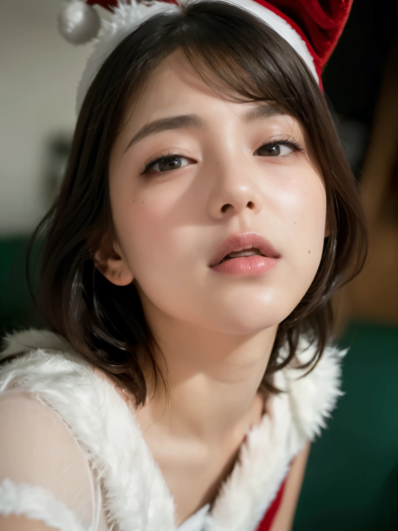 masterpiece, Best Quality, Ultra-detailed, film photography, Extremely delicate and beautiful ,hight resolution, 1 girl, 25 years old, Beautiful girl , Japanese girl, small breasts,close-up face,((no makeup)),(((Santa Claus Costume))), ((christmas hat)), ((room at night))、((Pitch black room)), ((looking up:1.2 )), (face waiting for kiss:1.6), (half closed eyes:1.0), (tongue out:1.0), (open mouth:0.8) ,(looking at viewer:1.6), from above, breast focus, Shy face,aroused, ((Plump lips),{{less mole}},(Natural Skin), (Wavy Hair),(Short hair), (Detailed eyes),(detailed facial features), (detailed arms),(Detailed fingers),(Detailed feet),softfocus, moon light,selfie