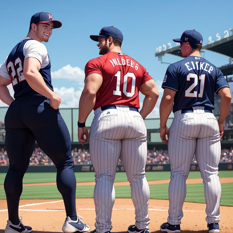 Two college baseball players, muscular, jocks, athletic, in baseball uniform, ginger, wearing striped baseball pants, big butt, huge ass, comically massive ass, bubblebutt, thick, thicc, thick ass, thick legs, thick thighs, huge butt cheeks, ass huge, showing butt to camera, smiling, looking back at camera, big booty, boy booty, men with huge butts, men in striped baseball pants, showing off ass, absolutely massive butt, enormous ass cheeks in striped baseball pants, full ass, wide ass, round ass