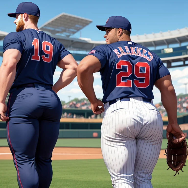 Two college baseball players, muscular, jocks, athletic, in baseball uniform, ginger, wearing striped baseball pants, big butt, huge ass, comically massive ass, bubblebutt, thick, thicc, thick ass, thick legs, thick thighs, huge butt cheeks, ass huge, showing butt to camera, smiling, looking back at camera, big booty, boy booty, men with huge butts, men in striped baseball pants, showing off ass, absolutely massive butt, enormous ass cheeks in striped baseball pants, full ass, wide ass, round ass