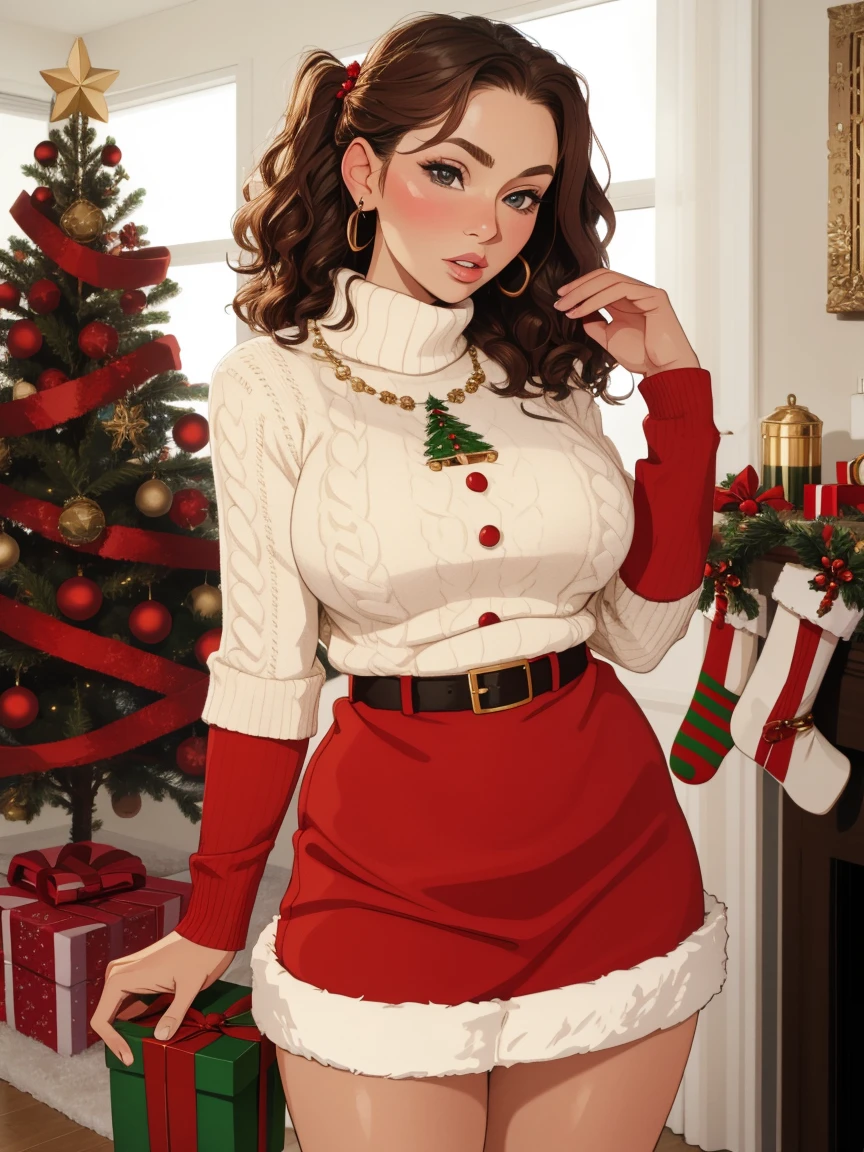 Christmas milf, brunette, santa outfit, standing sweater, sexy, seductive, curly hair, nerdy, detailed, masterpiece, milf, christmas tree