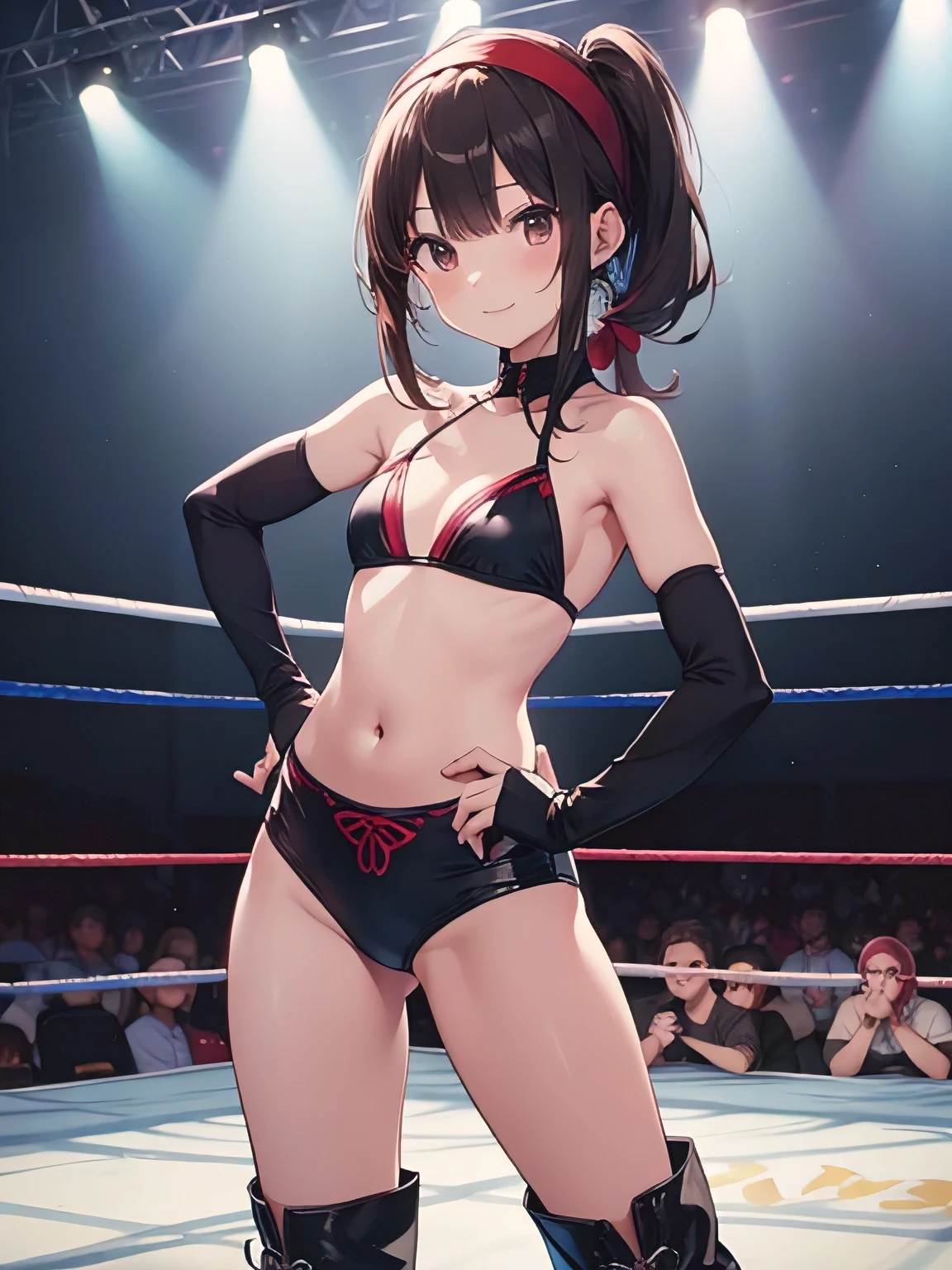 top-quality、extremely delicate and beautiful、(One Person)、(small tits)、Girly、Girly、(11years old girl)、(Dark hair)、(maikurobikini)、((poneyTail))、(red hairband)、(Brown boots)、A smile、professional wrestling、Crowd Circle View、professional wrestling、spectator seats、Crowd Circle View、Fights in professional wrestling、Fighting、Rise to the pinnacle of professional wrestling、Facing the front、Hands on the hips、Stand alone in the ring