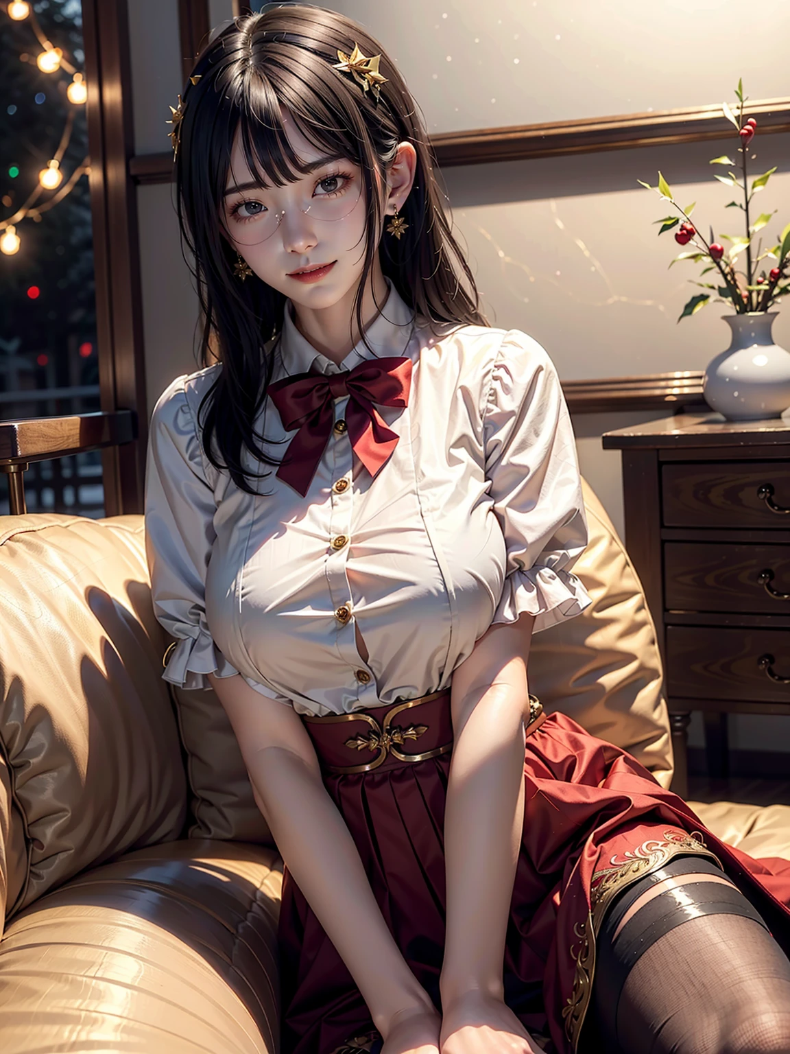 (masterpiece:1.3), top-quality, Beautifully Aesthetic:1.2, ((1 girl)), solo, Christmas party night, (red and white colors christmas uniform, shirt and long skirt), (black brown Hair, Straight hair, short hair), detailed face, detailed eyes, detailed ears, detailed lips, ((eye-glasses)), (perfect body (large breasts, firm breast, nicely shaped breasts, slender figure)), (Sitting on the Luxury sofa side by side in a neat line with casual pose:1.3), ((At the middle of christmas party venue decorated for christmas at late night:1.2)), (Upper body shot:1.1), (From front:1.3), (Looking at viewer, open mouth, smiling), (singing:1.2)