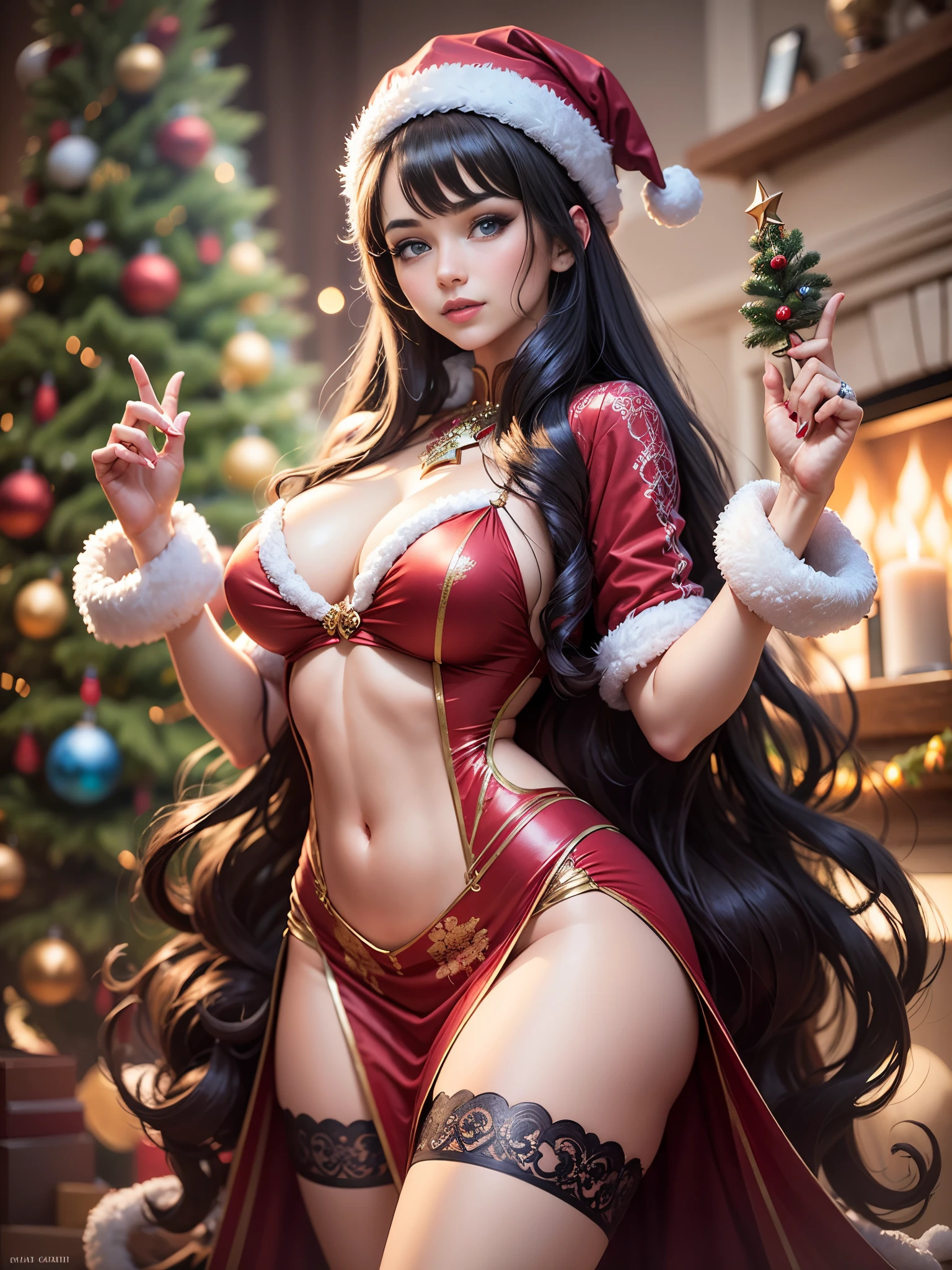((8k, HDR, Full body, entire figure, Beautiful European girl 25 years old, round face, closeup, slim body, intense blue electric eyes, detailed eyes, black hair, very long hair, Perfect proportions, gigantic breast, dynamic pose, look at the camera)), ((Masterpiece, highest best quality, realistic photos, ultra-detailed, ultra-intricated)), (movie lighting, complex), Craft a charming SeaArt scene featuring a beautiful girl with long brown hair and captivating intense blue eyes. The setting is beneath a grand Christmas tree adorned with faux white snow on its branches. The girl stands gracefully next to the tree, looking towards the viewer with a radiant smile. She is dressed in a form-fitting red velvet dress with white trim, reminiscent of Santa Claus's attire, complete with a matching hat. She also wears a pair of red stockings in the same shade as the dress. Beneath the tree, numerous gifts wrapped in glossy and colorful await. The atmosphere is festive and nostalgic, with the glow of a lit fireplace in the background adding to the holiday charm.