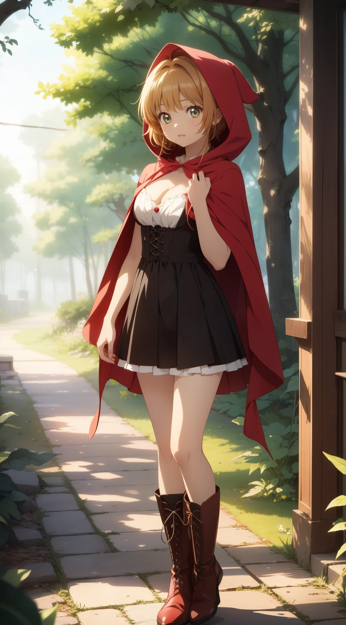 masterpiece, best quality, highres, perfect pixel, depth of field, 1girl, single, solo, beautiful anime girl, beautiful artstyle, (detailed face), anime CG style, (medium breasts), good lighting, perfect body, (sakura kinomoto), glossy lips, cleavage, little red riding hood, forest, boots, (wolf in background)