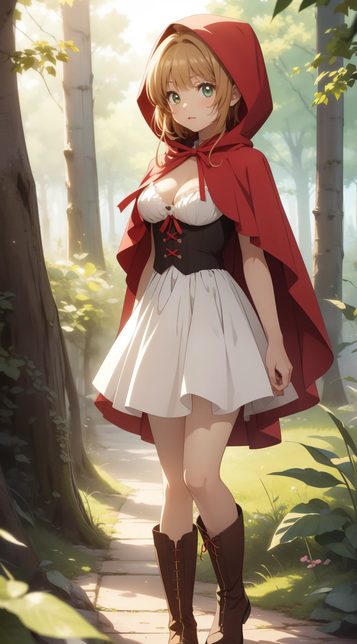 masterpiece, best quality, highres, perfect pixel, depth of field, 1girl, single, solo, beautiful anime girl, beautiful artstyle, (detailed face), anime CG style, (medium breasts), good lighting, perfect body, (sakura kinomoto), glossy lips, cleavage, little red riding hood, forest, boots, (wolf in background)