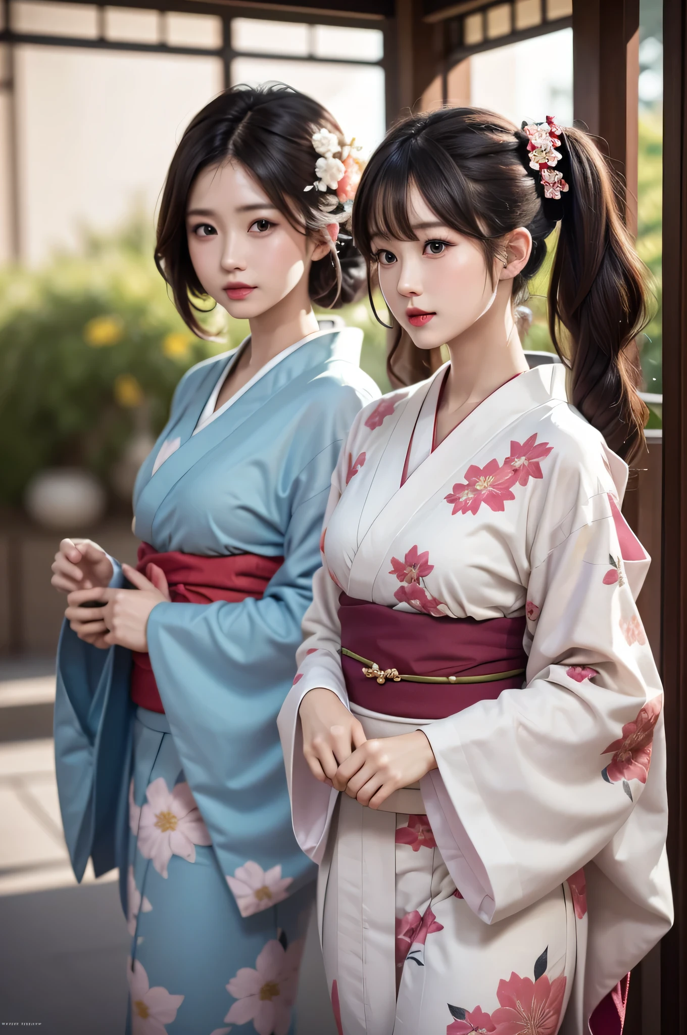 ((2girls)), ((Best Quality)), (Ultra-detailed), (extremely detailed CG unified 8k wallpaper), Highly detailed, High-definition raw color photos, Professional Photography, (Twin-tailed), Brown hair, Amazing face and eyes, Pink eyes, (amazingly beautiful girl), (Floral long-sleeved Kimono,:1.5), (Kimono:1.2), (((Bokeh))), depth of fields,