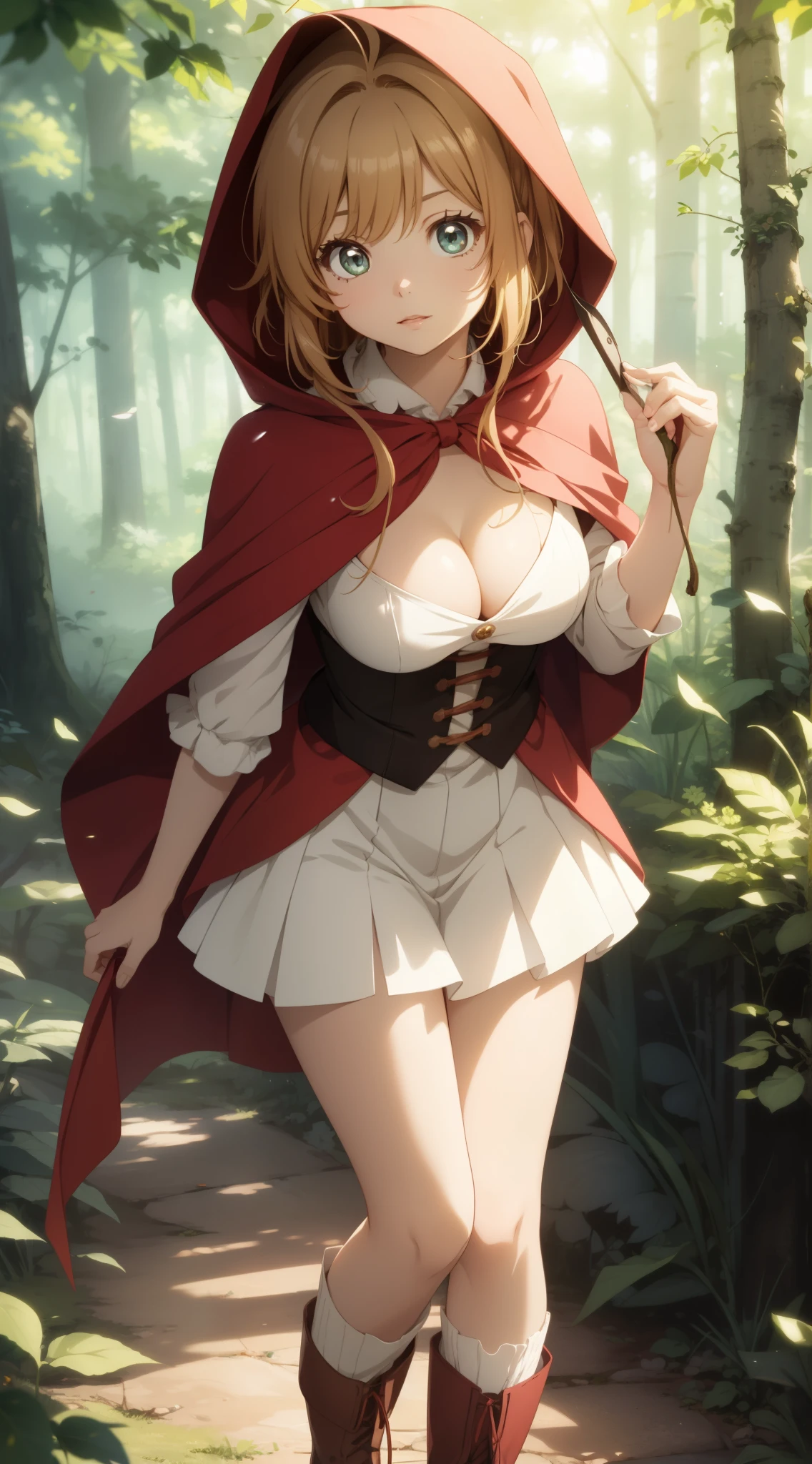 masterpiece, best quality, highres, perfect pixel, depth of field, 1girl, single, solo, beautiful anime girl, beautiful artstyle, (detailed face), anime CG style, (medium breasts), good lighting, perfect body, (sakura kinomoto), glossy lips, cleavage, little red riding hood, forest, boots, (wolf in background)