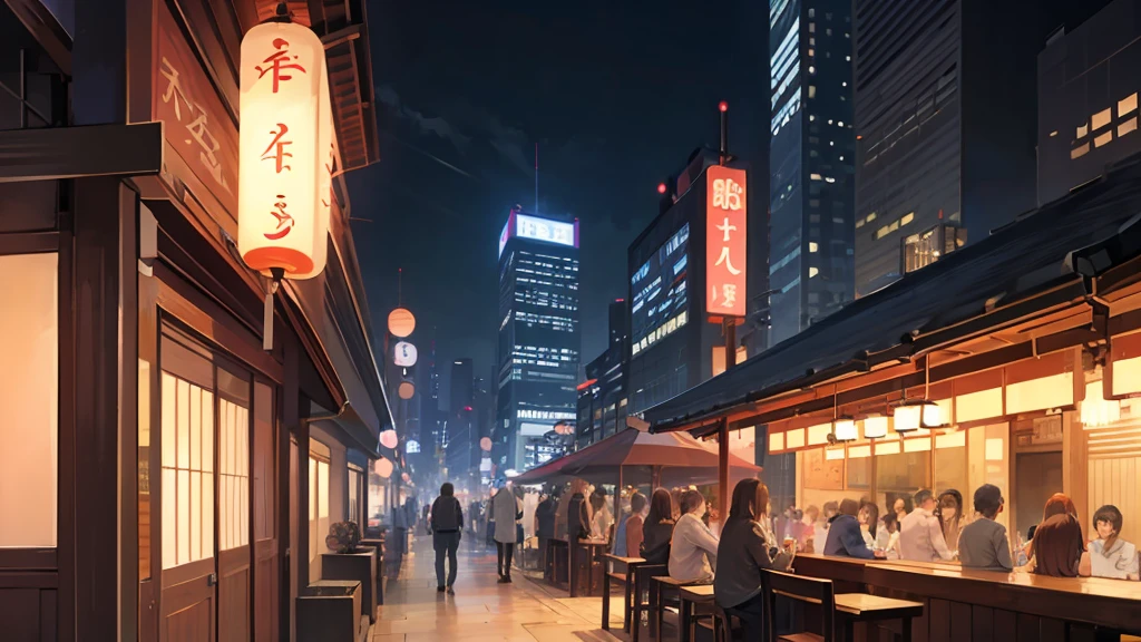 Izakaya in a town lined with skyscrapers、time zone night、People standing in line々々、animesque、hight resolution、Scenic
