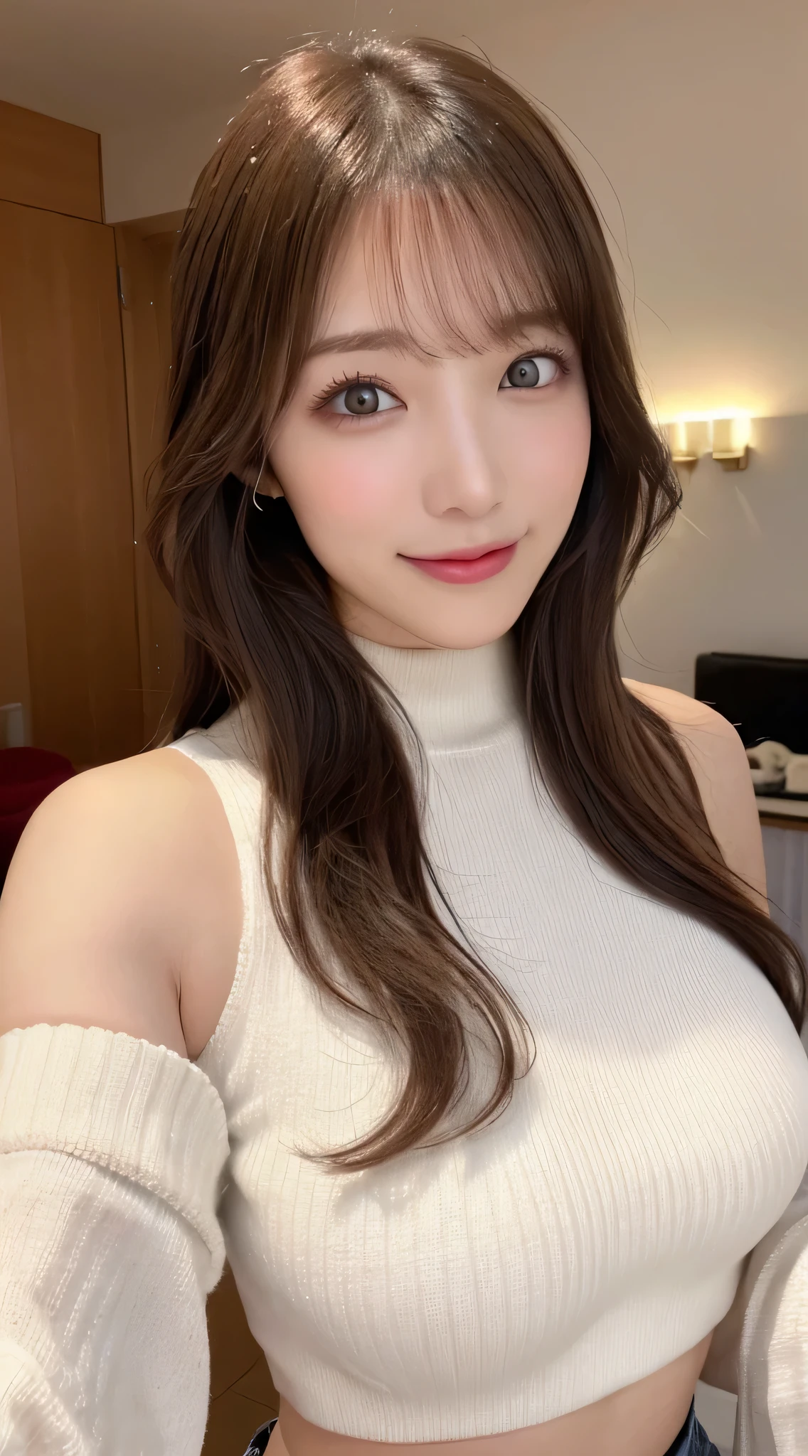 masutepiece, Best Quality, Photorealsitic, finely detail, hight resolution, 8K Wallpapers, Perfect dynamic composition, Beautiful detailed eyes, Medium Hair, large full breasts, Random and sexy poses,Bring your chest together、(Open Chest Mock Neck Crop Tank Top White Knitwear Clear Clave)、(Breast bulge 1.2)、A smile、open open mouth、Resort scenery、25-years old、(Drooping eyes 1.4)、Adult beauty、japanes