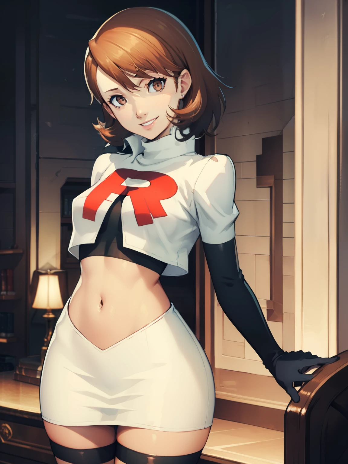 brown hair, short hair, glossy lips ,team rocket uniform, red letter R, white skirt,white crop top,black thigh-high boots, black elbow gloves, evil smile, looking at viewer, cowboy shot