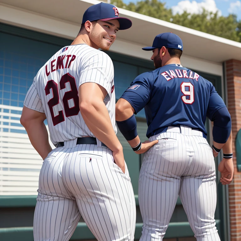 Two college baseball players, muscular, jocks, athletic, in baseball uniform, ginger, wearing striped baseball pants, big butt, huge ass, comically massive ass, bubblebutt, thick, thicc, thick ass, thick legs, thick thighs, huge butt cheeks, ass huge, showing butt to camera, smiling, looking back at camera, big booty, boy booty, men with huge butts, men in striped baseball pants, showing off ass, absolutely massive butt, enormous ass cheeks in striped baseball pants, full ass, wide ass, round ass