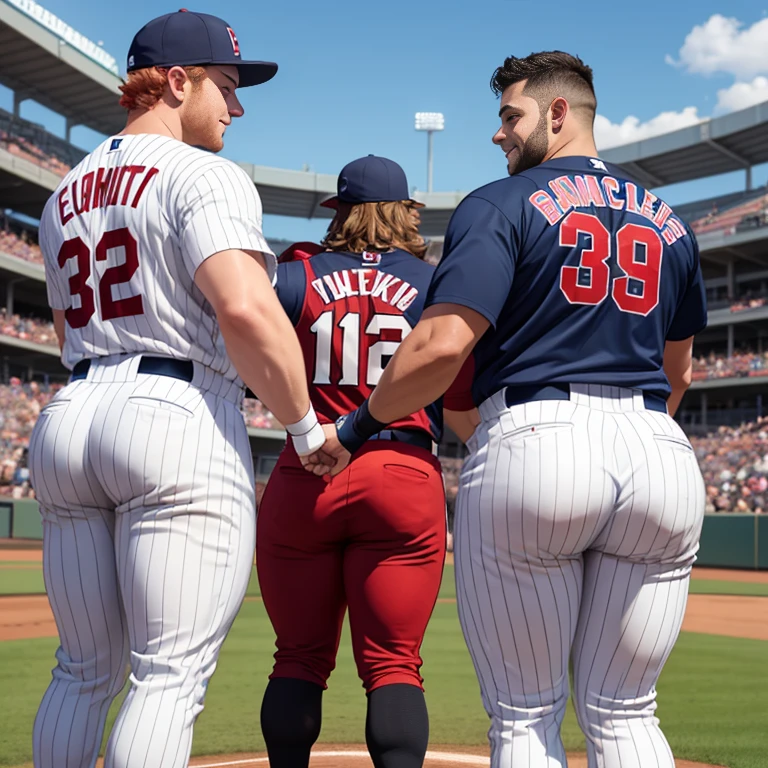 Two college baseball players, muscular, jocks, athletic, in baseball uniform, ginger, wearing striped baseball pants, big butt, huge ass, comically massive ass, bubblebutt, thick, thicc, thick ass, thick legs, thick thighs, huge butt cheeks, ass huge, showing butt to camera, smiling, looking back at camera, big booty, boy booty, men with huge butts, men in striped baseball pants, showing off ass, absolutely massive butt, enormous ass cheeks in striped baseball pants, full ass, wide ass, round ass