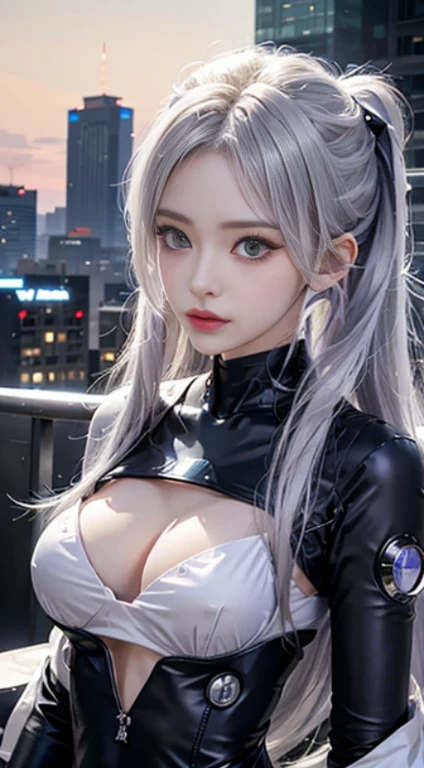 white  hair、long fluttering hair、strong breeze、Orange Eyes、radiant eyes、Evangelion Girl、small tit、Breasts are small and B size、The face and chest are alive、Cleavage is visible。photoRealstic、portfolio、Evangelion-style metal mecha suit、an oppai cyberpunk、Gothloli details、metalic、Detailed mechanical parts bundle of thin tubes、Metal cylinder、Detailed neon、Fine LED、Fine Park Ground Machine City、