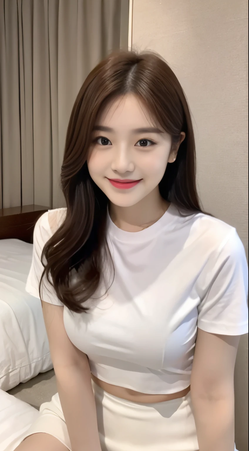 White tight shirt、White tight mini skirt、a bed、a smile、shortsleeves、high-level image quality、Hallyu Idol Face