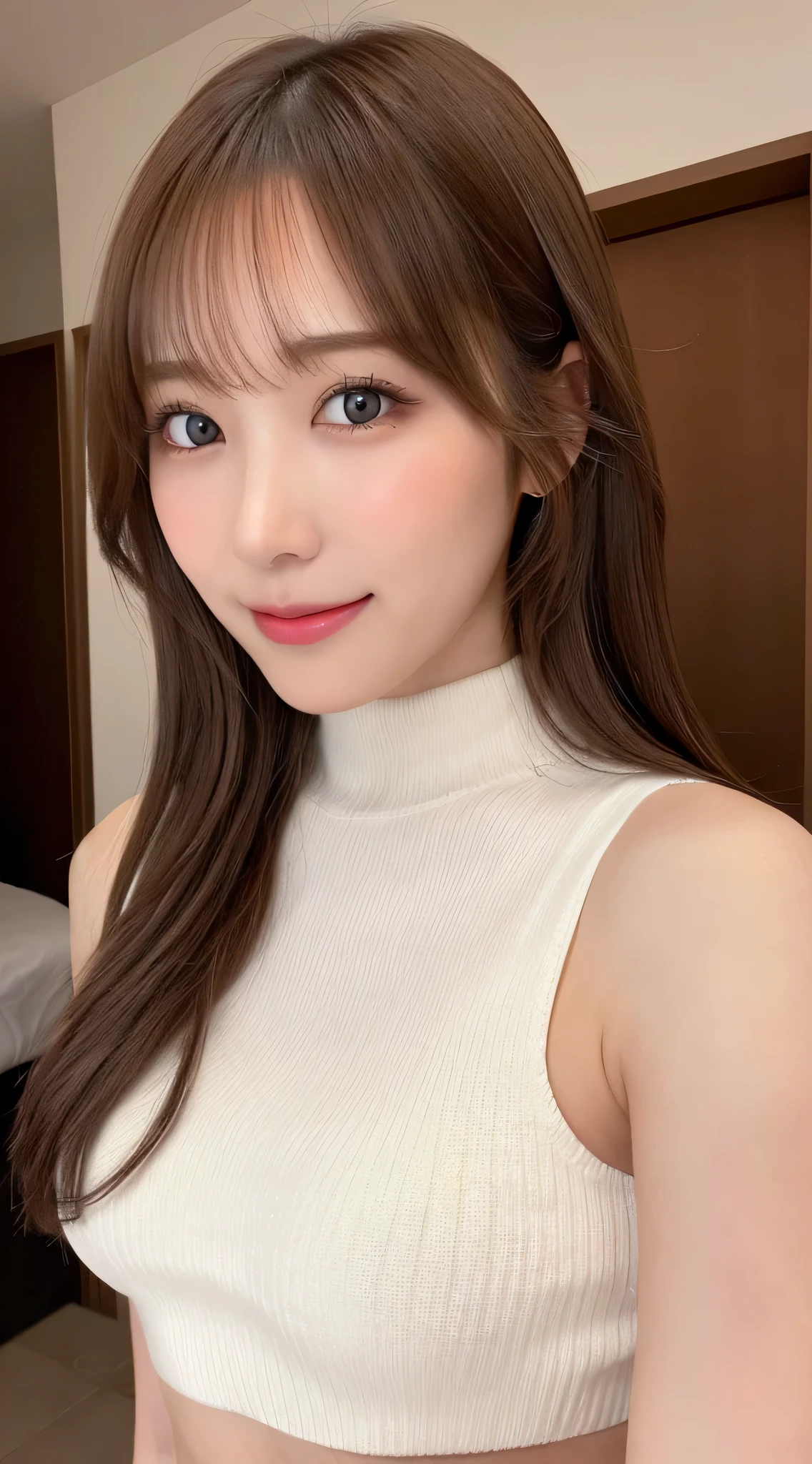 masutepiece, Best Quality, Photorealsitic, finely detail, hight resolution, 8K Wallpapers, Perfect dynamic composition, Beautiful detailed eyes, Medium Hair, large full breasts, Random and sexy poses,Bring your chest together、(Open Chest Mock Neck Crop Tank Top White Knitwear Clear Clave)、(Breast bulge 1.2)、A smile、open open mouth、Resort scenery、25-years old、(Drooping eyes 1.4)、Adult beauty、japanes