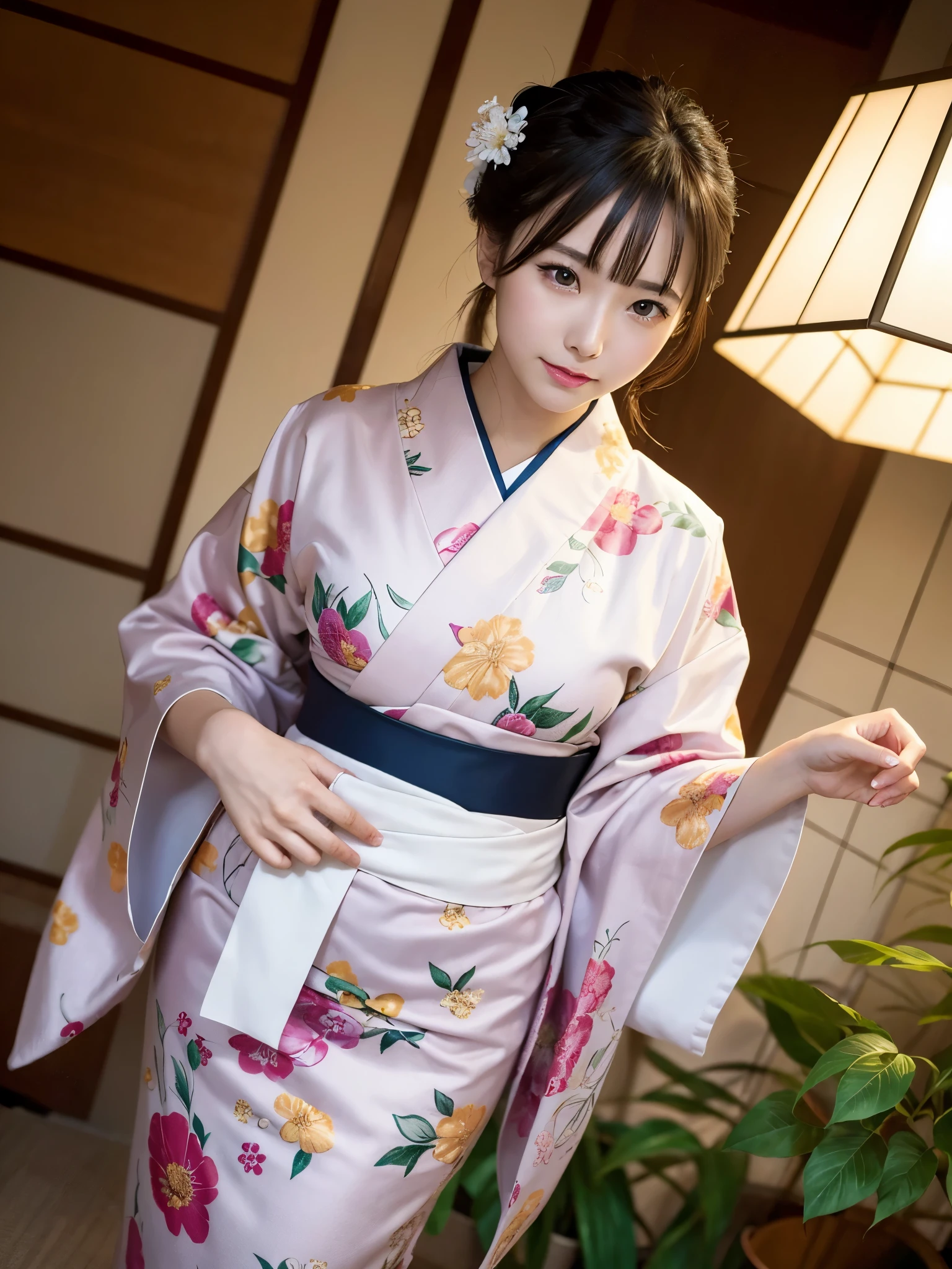 ((of the highest quality, 8K, masutepiece: 1.3, Raw photo)), Sharp Focus: 1.2, (1 AESPA Girl :1.1), Solo, (Realistic, Photorealistic: 1.37), (Face Focus: 1.1), Cute face, hyperdetailed face, (updo: 1.2), Small Smile, Japanese theme, Traditional flower pattern kimono, Washi background, standing at the Japan Garden, Under Lamp Light, cinematic lighting, Beautiful Japanese makeup, A beautiful woman that symbolizes Japan culture, from below angle, thigh,