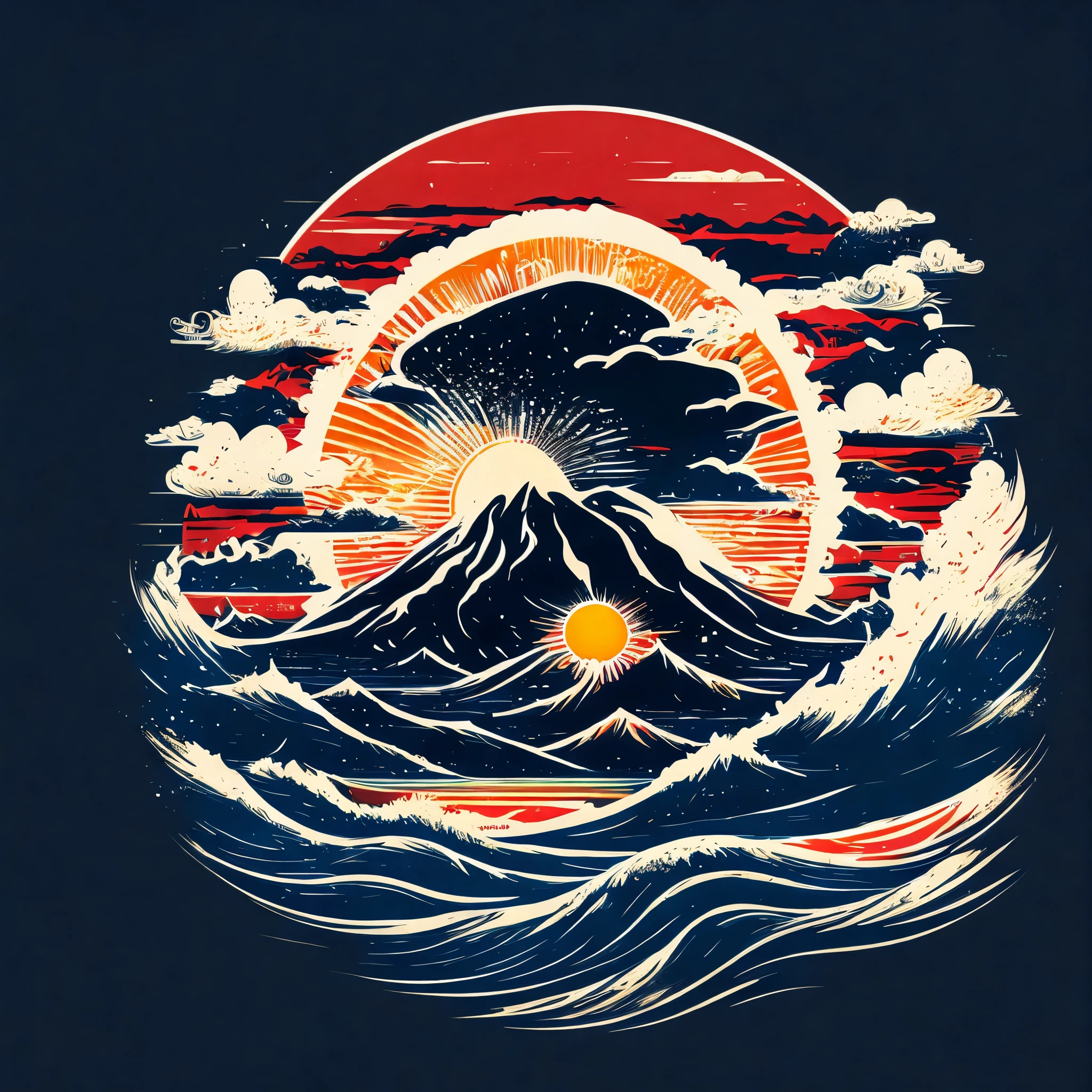 japanese tsunami with sun, center image, tshirt design, vector-art