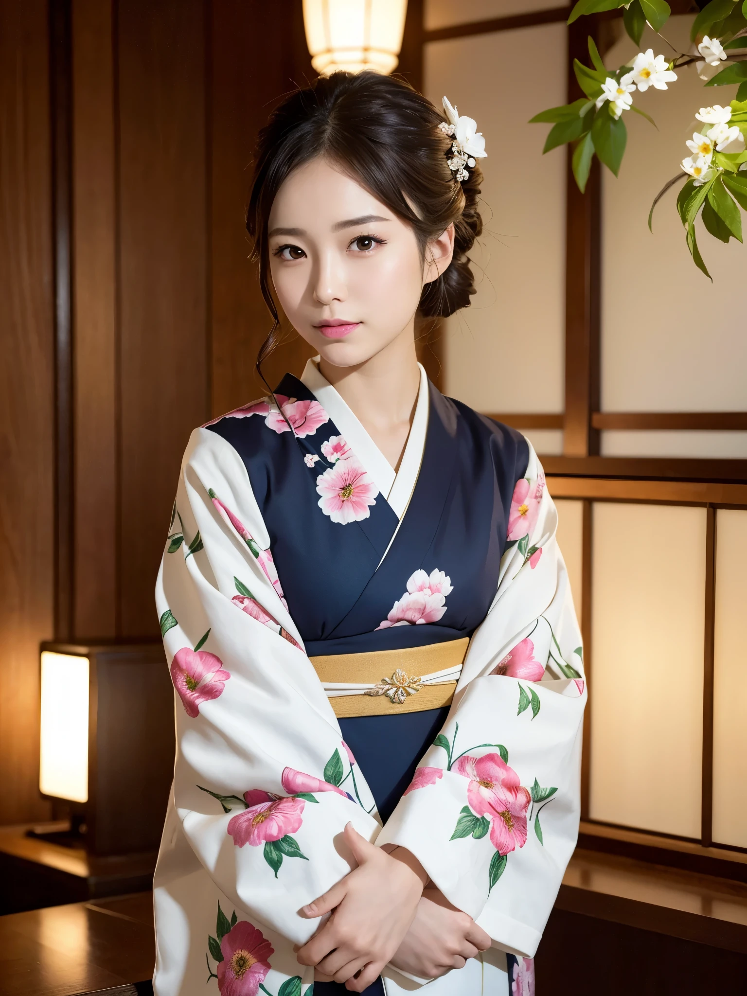 ((of the highest quality, 8K, masutepiece: 1.3, Raw photo)), Sharp Focus: 1.2, (1 AESPA Girl :1.1), Solo, (Realistic, Photorealistic: 1.37), (Face Focus: 1.1), Cute face, hyperdetailed face, (updo: 1.2), Small Smile, Japanese theme, Traditional flower pattern kimono, Washi background, standing at the Japan Garden, Under Lamp Light, cinematic lighting, Beautiful Japanese makeup, A beautiful woman that symbolizes Japan culture, from below angle, thigh,