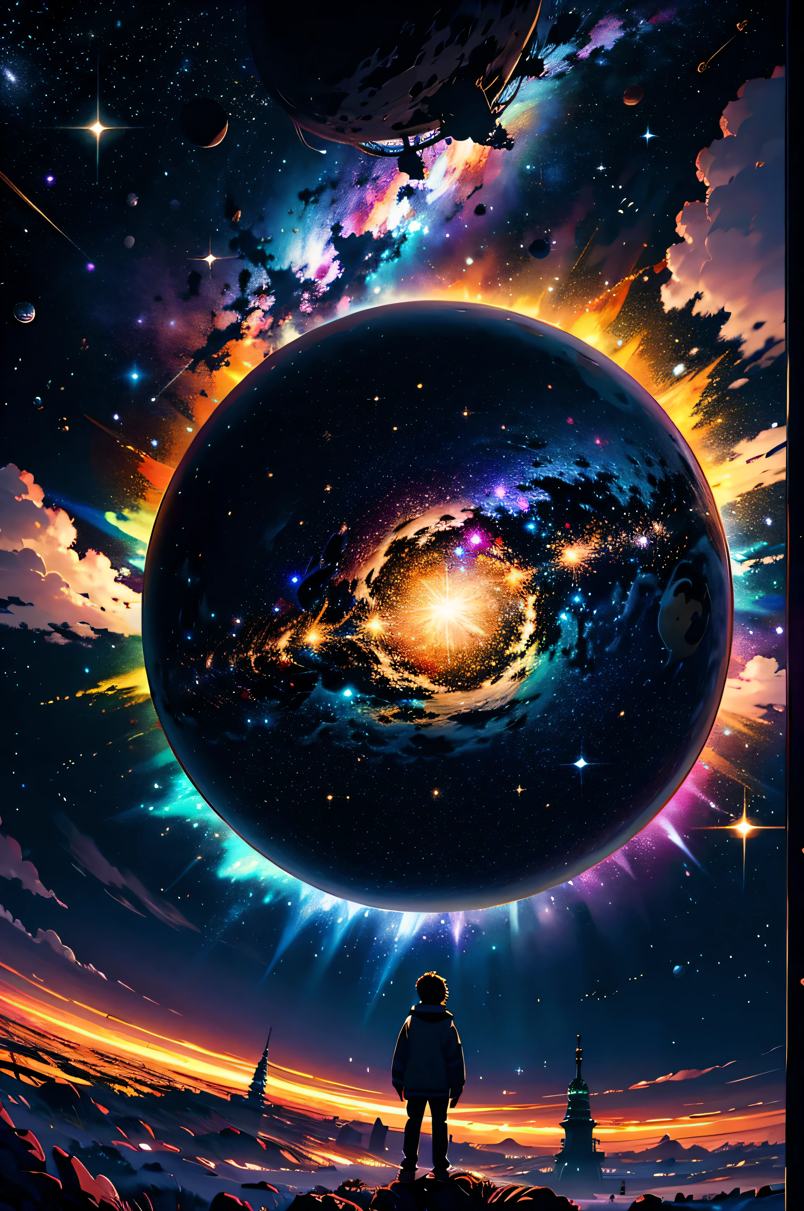 1menino, solo, standingn, outer space, estrela gigante, estrela brilhante, dim sky, roupas de nobre, roupa branca, roupa dourada, roupa preta, yggdrasil tree, giant tree, estrelas menores, (8k super detalhado), (obra-prima), ((obra-prima)), ((cinematic quality)).