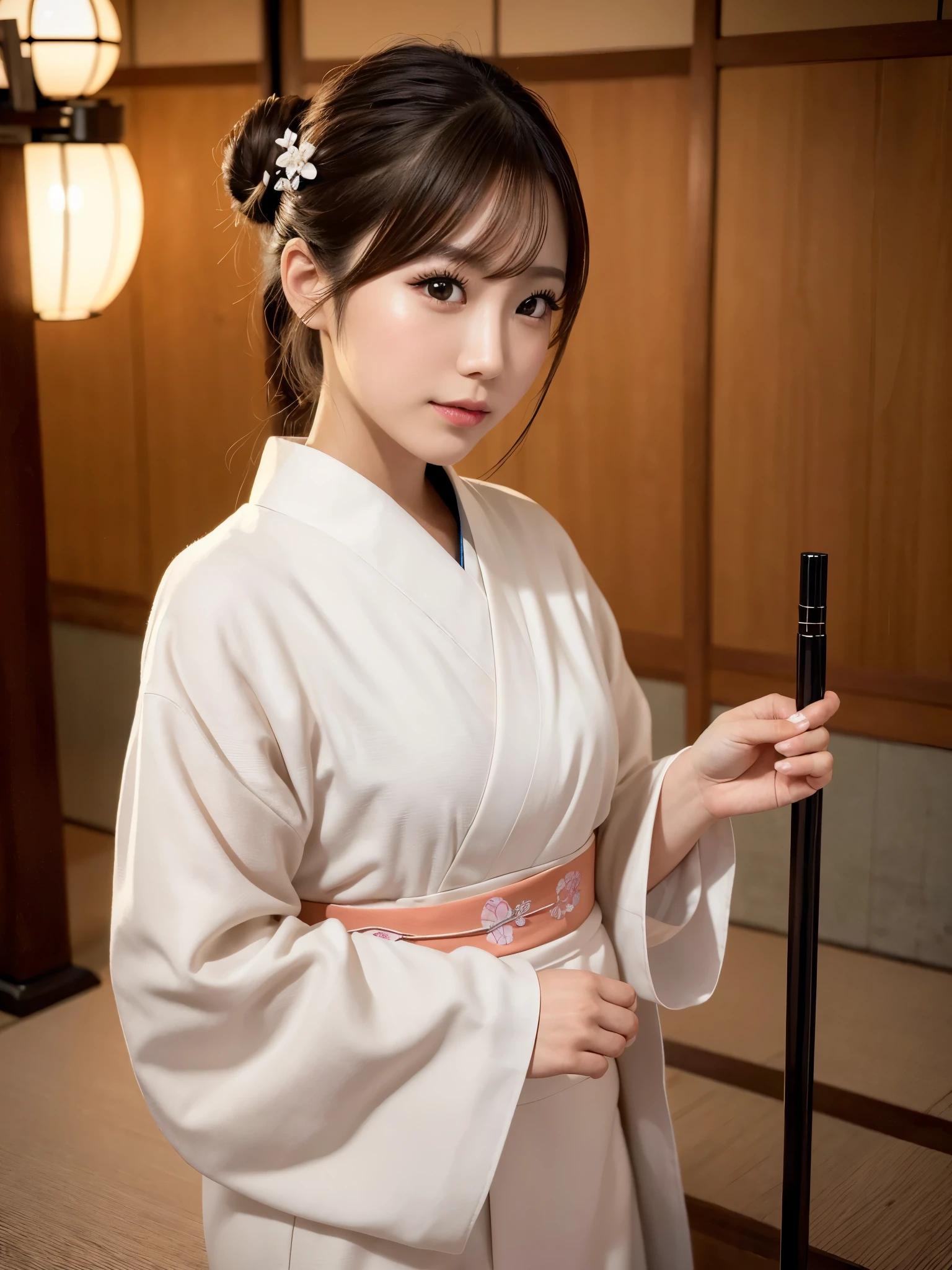 ((of the highest quality, 8K, masutepiece: 1.3, Raw photo)), Sharp Focus: 1.2, (1 AESPA Girl :1.1), Solo, (Realistic, Photorealistic: 1.37), (Face Focus: 1.1), Cute face, hyperdetailed face, (updo: 1.2), Small Smile, Japanese theme, flower pattern kimono, Washi background, standing at the Japan Garden, Under Lamp Light, cinematic lighting, Beautiful Japanese makeup, A beautiful woman that symbolizes Japan culture, from below angle, thigh,