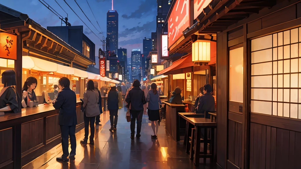 Izakaya in a town lined with skyscrapers、time zone night、People standing in line々々、animesque、hight resolution、Scenic