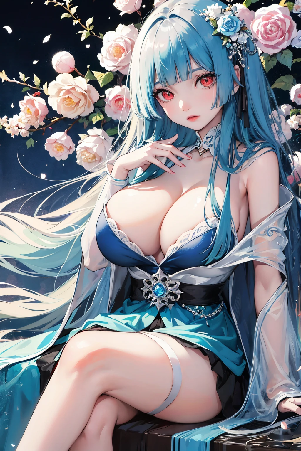 (absurd res, A high resolution, ultra - detailed, hyper HD, Cinematic), Alone, 1个Giant Breast Girl, mature, Happy,hime cut,black long hair,red eyes, (huge breasts:1.6),cleavage, collarbone, bare shoulders,armbands,girl standing in light blues flower field, light blues flower petal surrounding girl, full bodyesbian, Blue long-haired girl, light blues hair, fanciful, dream-like, Snowy Land, offcial art, trending art, contours, ultra - detailed face, ultra - detailed eyes, light blues flower field, ultra - detailed field, The white blue sky, Cold, light blues, The white, Nebula in the sky, blue tree, aquarelle, pastel colour