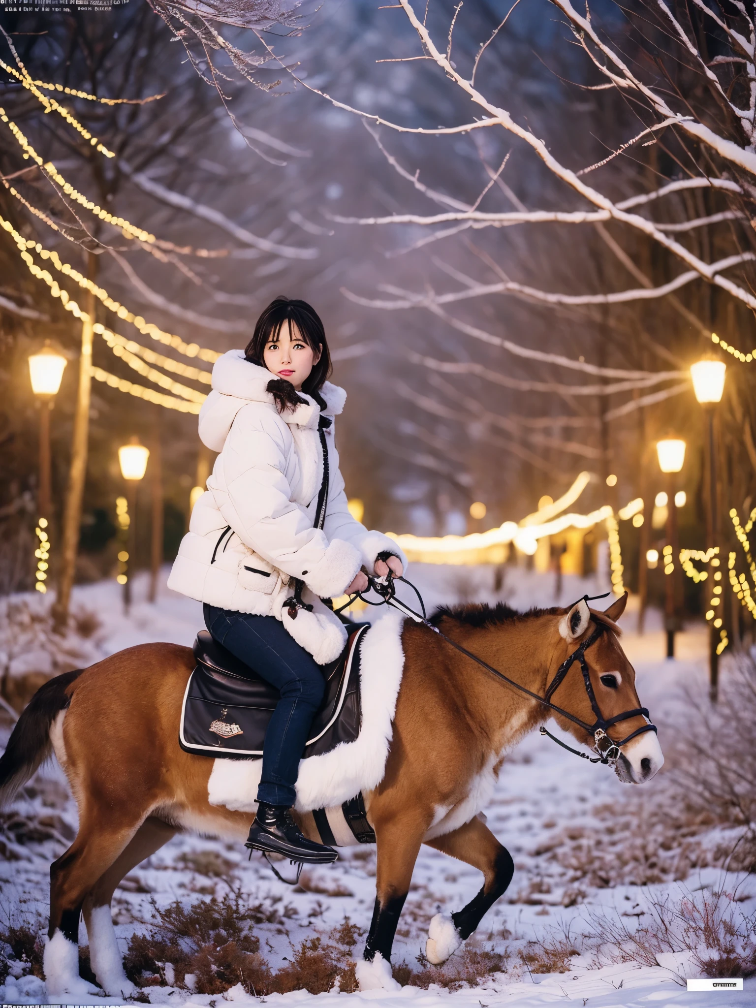 A woman,photography by Rinko Kawauchi, Japanese girl with Christmas tree, Riding on reindeer, Surrounded by Christmas Gifts, Snow, Surreal Inspiration, Christmas TV Commercials, Fashion Magazine, Kodak Film --auto --s2