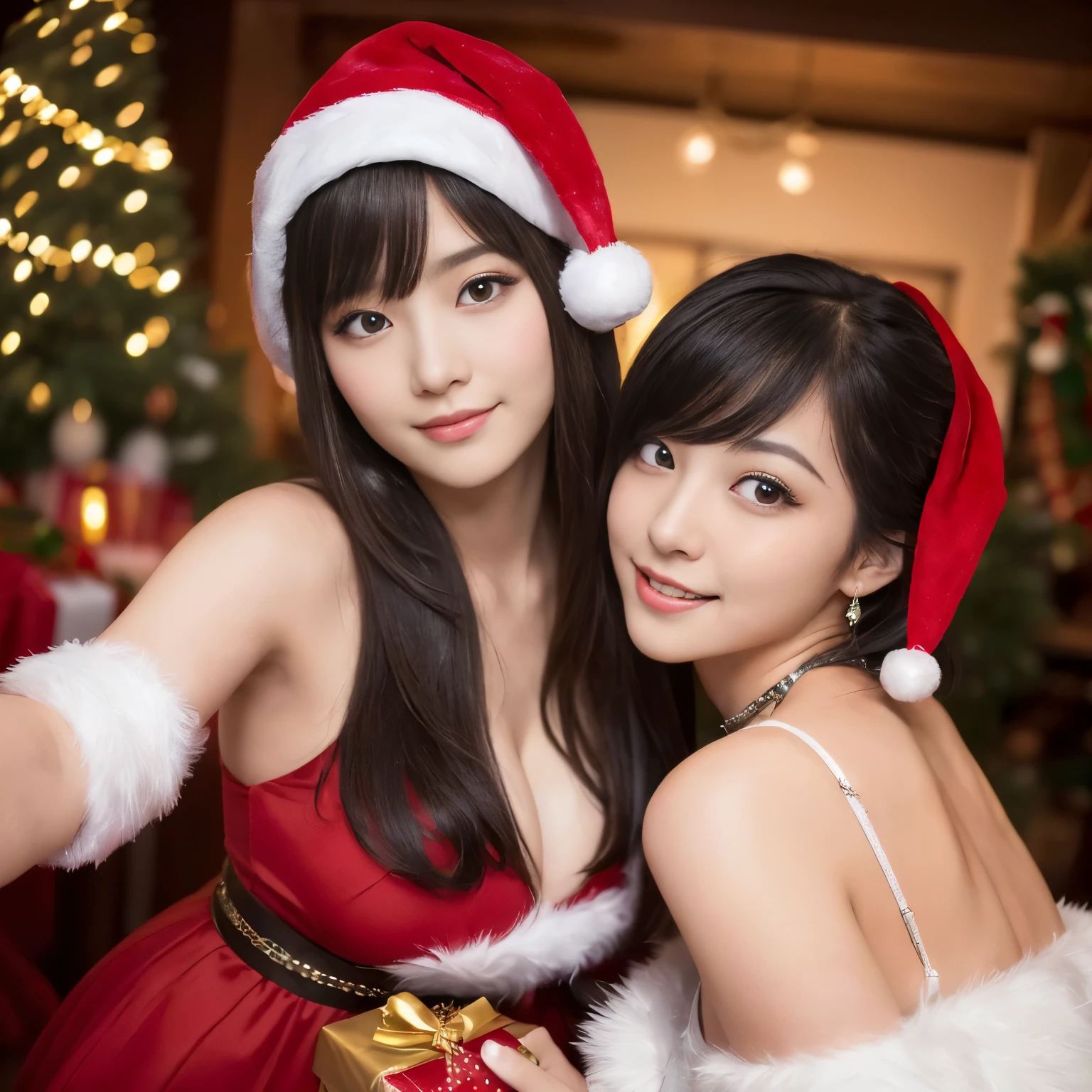 3女の子,The face is a hostess、Santa Claus hat、Santa Claus Costume、bra very、pantiy、hiquality、A hyper-realistic、healthy、Smiling expression、Slender perfect figure、Japan beauties、beautidful eyes、face perfect、Top image quality、Beautiful skin、Christmas tree、Market decorated with Christmas lights、