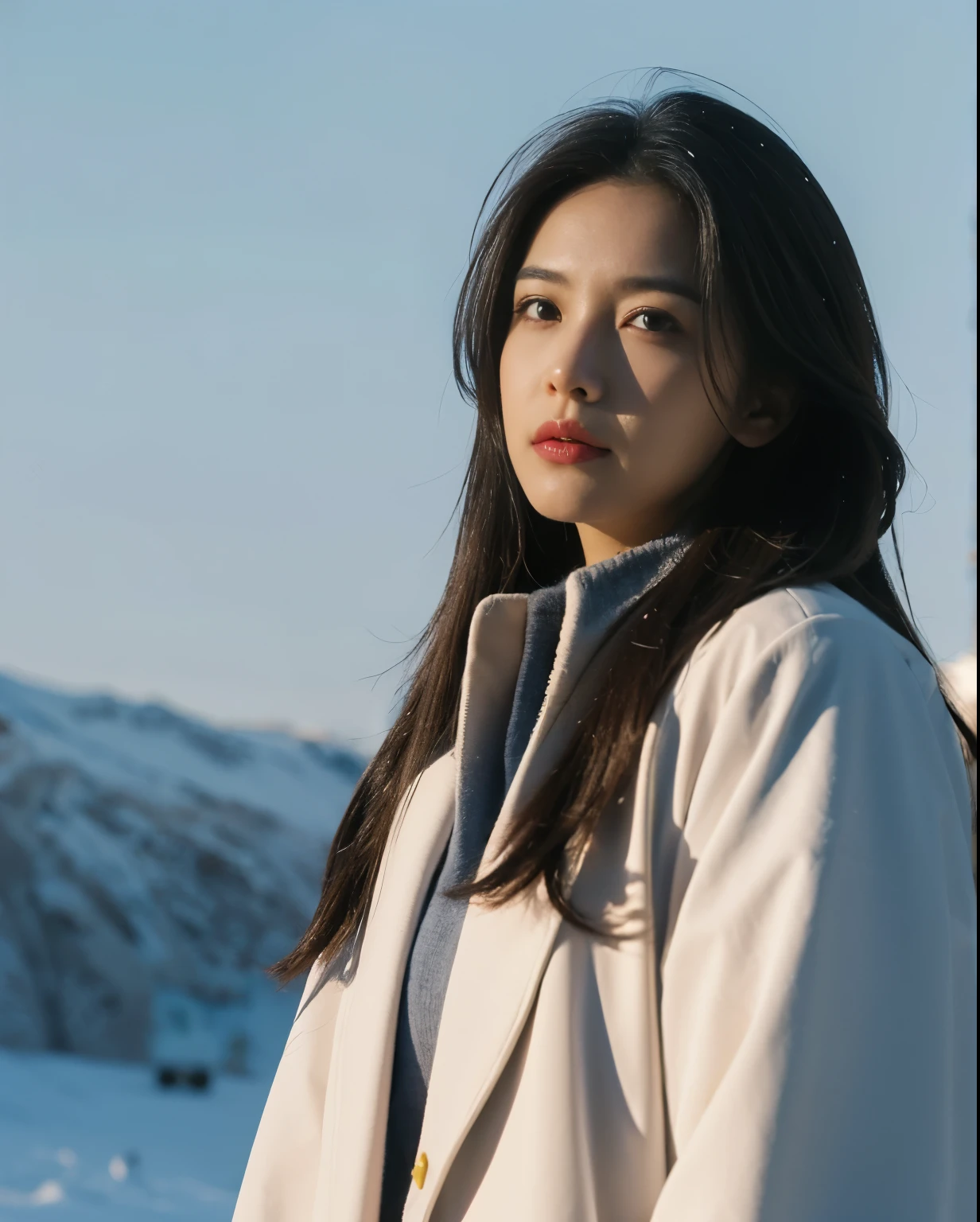 Science Fiction,Sci-Fi Movies,Artillery,Long-Range Missiles,Based on the Movie Foundation ,Woman,,Protagonist,28 years old,hopeful face,brown eyes,long hairstyle,black hair with white gray,scientist uniform,white researcher coat,open meadow,rebel,chaotic,future world,world of socialism,snow,chaos