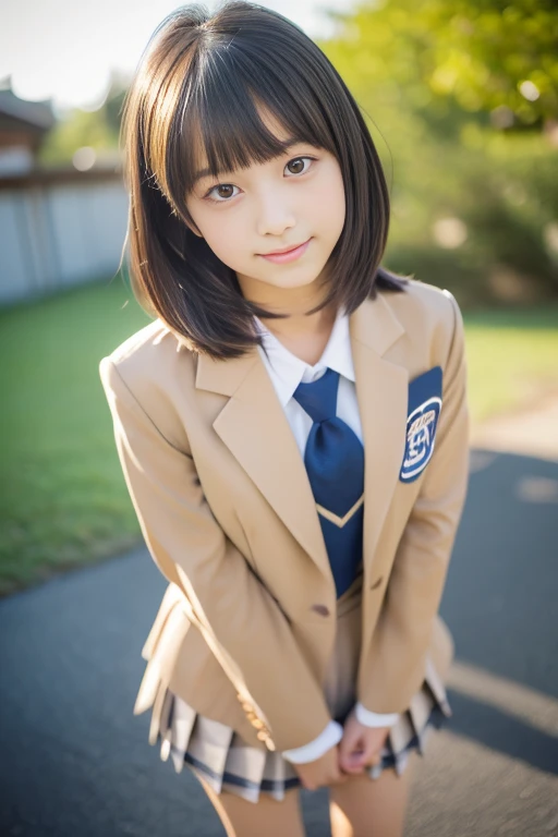 (((masterpiece))), (One beautiful Japan girl, classmates, landscape and innocence,kawaii) ,超A high resolution, Realistic, ultra-detailliert, 8K,top-quality, Extremely detailed, Detailed background,A slender,very beautiful japanese girl, Detailed face:1.3), (Boyish short-haired,A dark-haired :1.4), (a baby face,kawaii系,adorable 14 year old girl), (Perfect body:1.1), (Brown blazer, Light brown pleated mini skirt), kawaii表情,Super Detailed Face、Detailed lips、A detailed eye、small gravure idol,Transparent skin、Lori,Japanese high school uniform with the school emblem on the chest,Photorealsitic, 8k full-length portraits, Perfect Anatomy, Highly detailed background, Good figure, Cute face, Photography, (kawaii笑顔), Perfect Skin, Perfect Anatomy, (白いkawaiiブラジャー), (bed), ((Full body shot)), (Lie down),