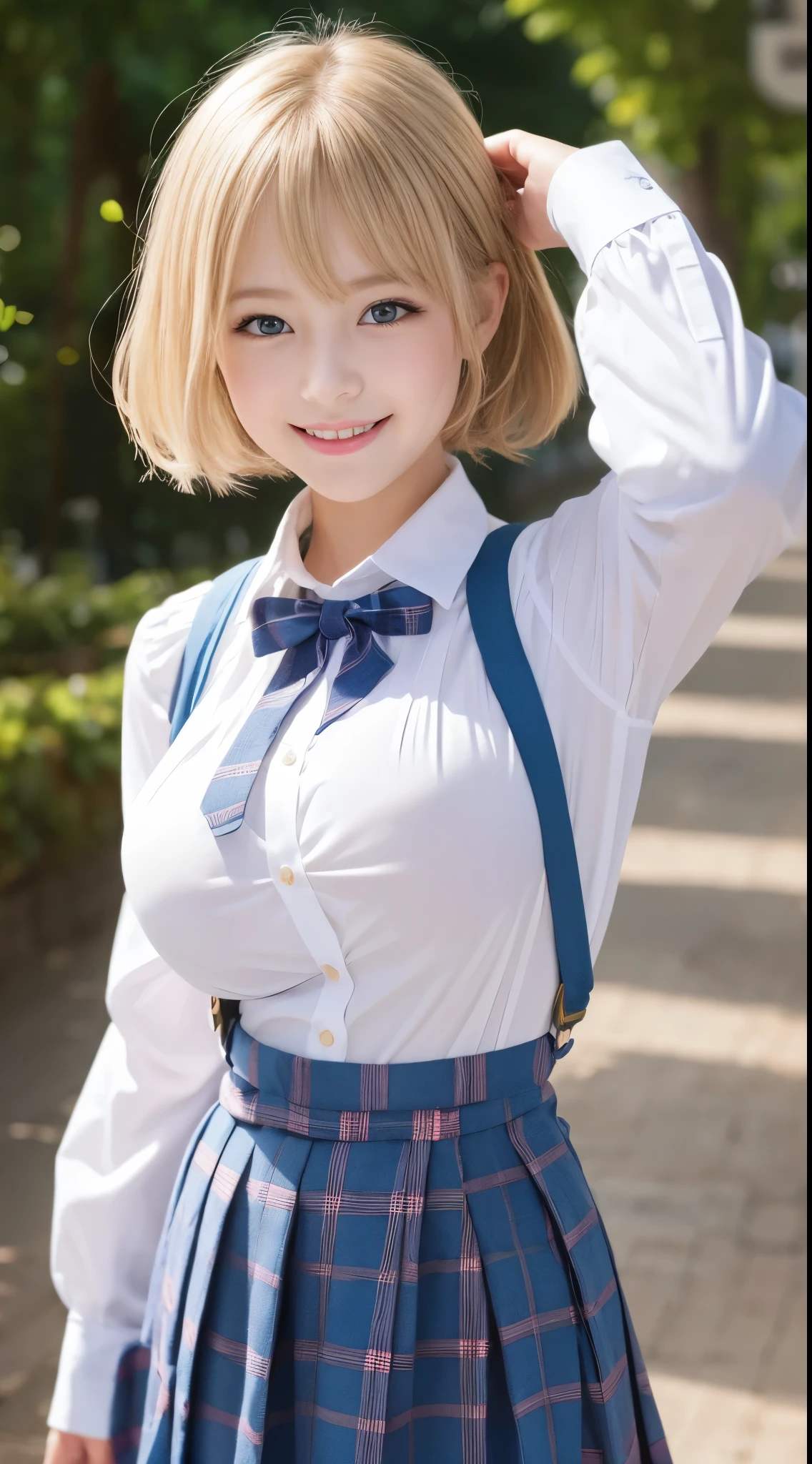  girl.................,, in front of the school、Connect to skirt with suspenders、White shirt with long sleeves、Plaid skirt、Lori, , sakimichan,, nice and cute, Innocent smile,  , Lovely smile, sakimichan HDRI、loli big boobs、,(Huge breasts:1.20),(Beauty Big 1:1)、a blond、a blondの髪、Blue eyes、little girl hort bob、Pose cutely