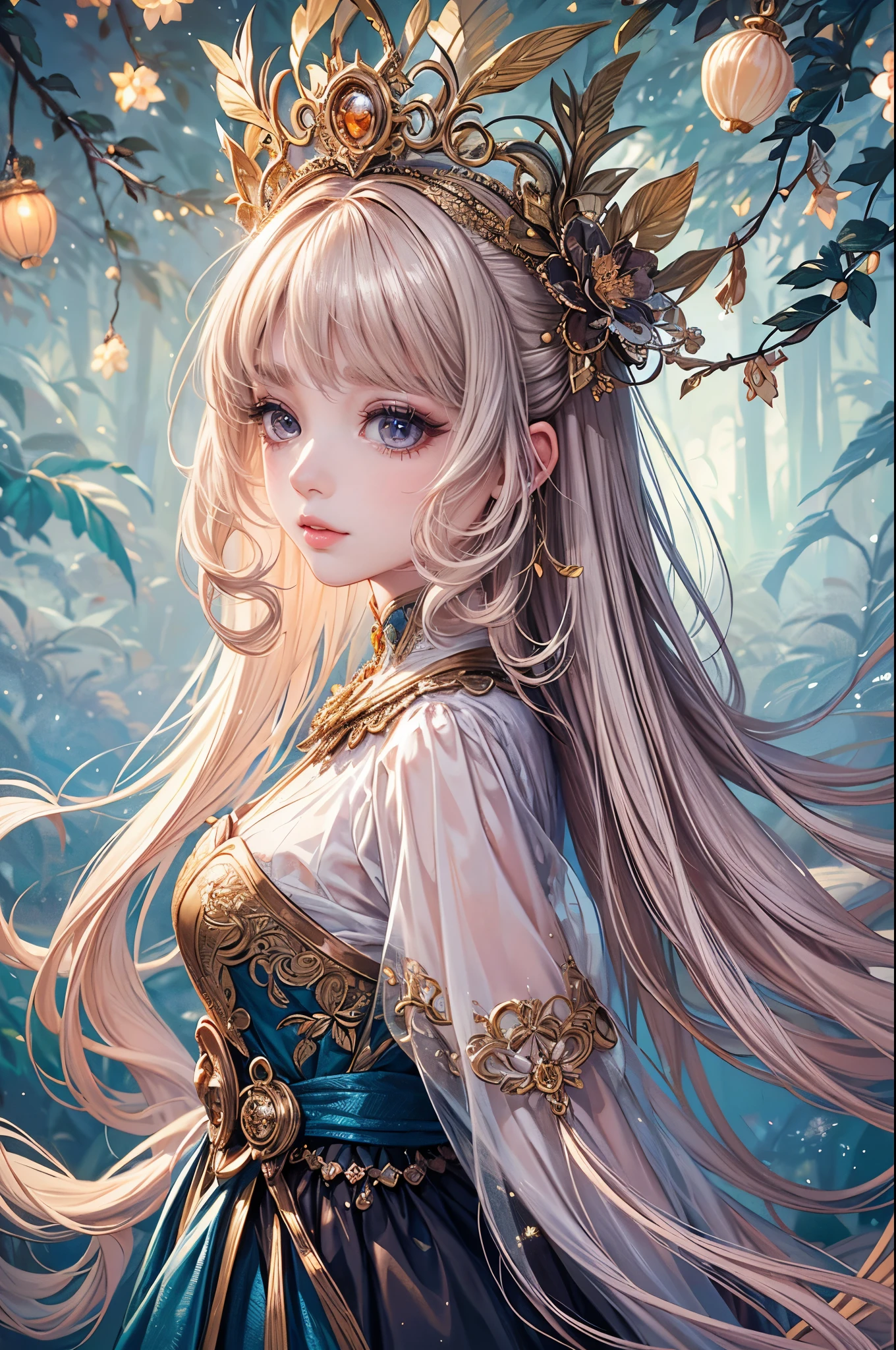 (best quality,8K,CG),detailed upper body,solitary girl,floral forest background,complex facial features,elegant long curly hair,almond-shaped big eyes,detailed eye makeup,long eyelashes,twinkling stars,exquisite lip details,soft and harmonious style.