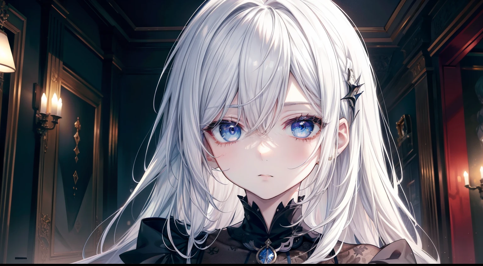 (masutepiece, Best Quality), Intricate details, 8K, Sharp focus quality) (Detailed skin:1.3) (Intricate details) (8K) (Detailed eyes) (Anime) Man's character, Soft hair, Long hair, (White hair), Light blue eyes, Man's, Anime Man's, frontage, 素敵なMan's子, Perfect face, Detailed eyes, Bold background, Detailed accessories, Unique costumes, Sharp eyes, Man's, A young man, Idol, dark color, pale skin, Vampire, tusk, Defined features, Model, Gothic, Symbolism, Comfortable clothing, Dark room, Cluttered room, Indoors, Detailed background, Bold colors, bold outline, Sharp face, Nighttime, Night, Pose, Handsome, sleepy, Tired, drooing eyes