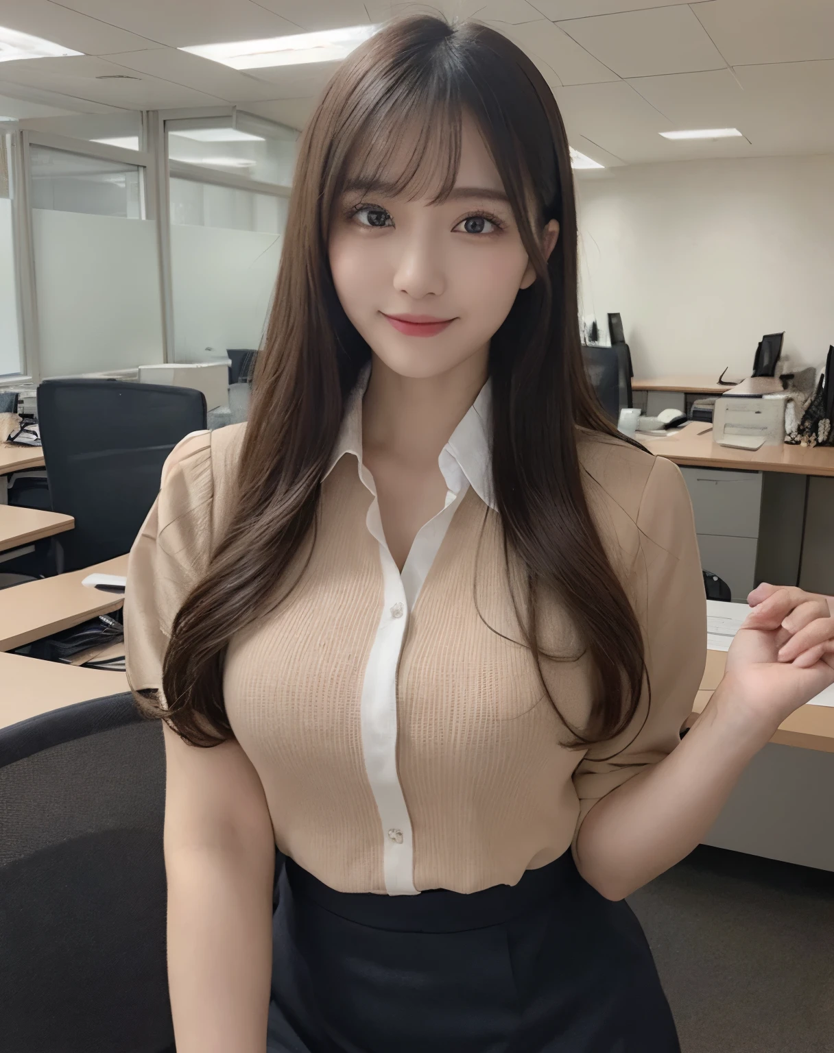 (natural background), masterpiece, Best Quality, Illustration, Ultra-detailed, finely detail, high resolution, 8K Wallpaper, Perfect dynamic composition, Beautiful detailed eyes, Big breasts, Natural Color Lip, posing randomly, Smile, ((office)), 20 years girl, full body shot, long hair, ((working office uniform)), (darker), looking in front, sitting on the chair