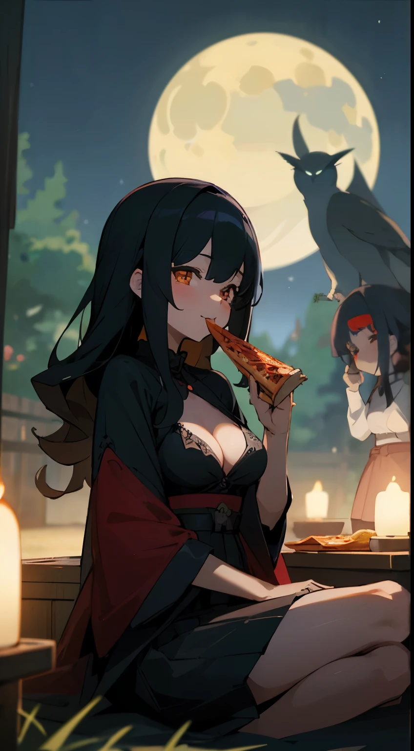 Anime style, better quality possible, they are friends, 3 young japan women, gothic style, eating pizza and drinking soda in garden picnic at night, heavy metal costume, they use black bra and skirt black, they are sit, smile, talking, add moon and owl