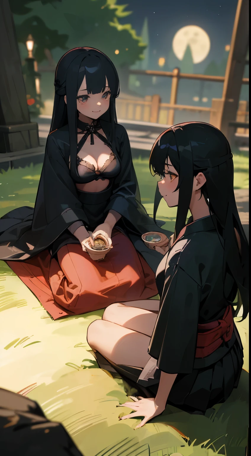 Anime style, better quality possible, they are friends, ung japan women, gothic style, eating pizza and drinking soda in garden picnic at nighheavy metal costume, they use black bra and skirt black, they are sit, smile, talking, add moon and owl