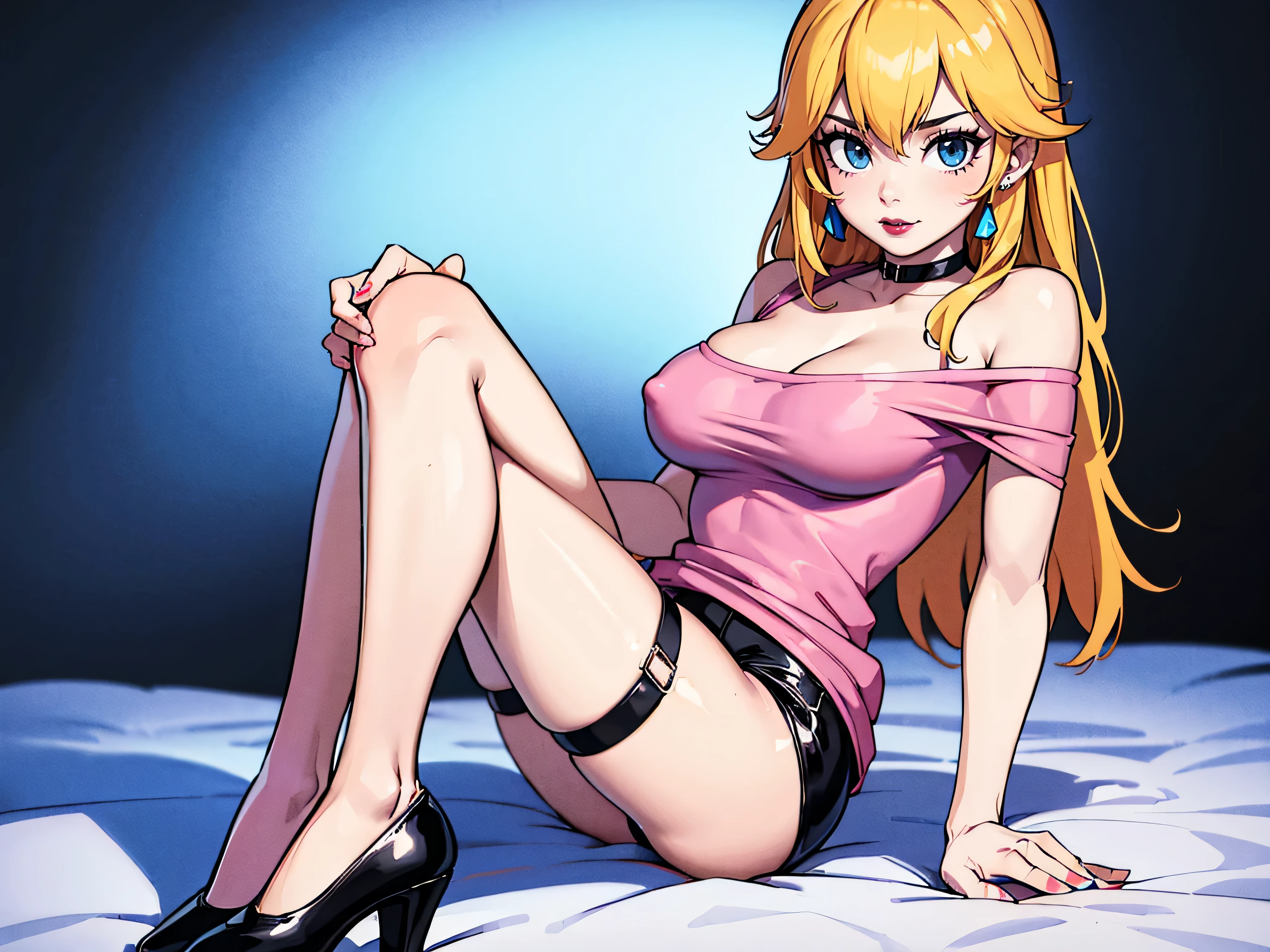 ((high detailed, best quality, 4k, masterpiece, hd:1.3)), ((best quality)), (((HD))), (((8k))), (ultraDH), (ultra HD), Snowy Forest background, snowflake pattern, frozen forest, a full-length shot of Princess Peach lying on the snow on the floor, in the winter mountain, neon blue eyes, BREAK blue eyes, seductive, attractive, shy_smile, smooth anime cg art, 36C_breasts, cleavage, long legs, vivid colors, detailed digital art, slim body, perfect skin, blonde hair, wet hair, BREAK crown, looking at viewer, BREAK looking at viewer, extremely detailed face, pink T-Shirt, sexy pink T-Shirt, (wet_pink_T-Shirt), pink T-Shirt, sexy_mini_black_thong, sexy_mini_black_gstring_thong, earrings, gem, black high heels, high heels, dark black makeup lips, dark gothic eyeshadows, dark eyeshadows, black eyeshadows, black sexy lips, black lips, (dark:1.2), dark lips, very dark lips, (perfect_hands), (perfect_anatomy), black makeup, black medium lips, detailed_fingers, five_fingers_per_hand, 5_fingers, five_fingers, (1 girl), ((1 solo girl)), detailed_lips, detailed black lips, black painted lips, gothic painted lips, (off shoulder:1.1),