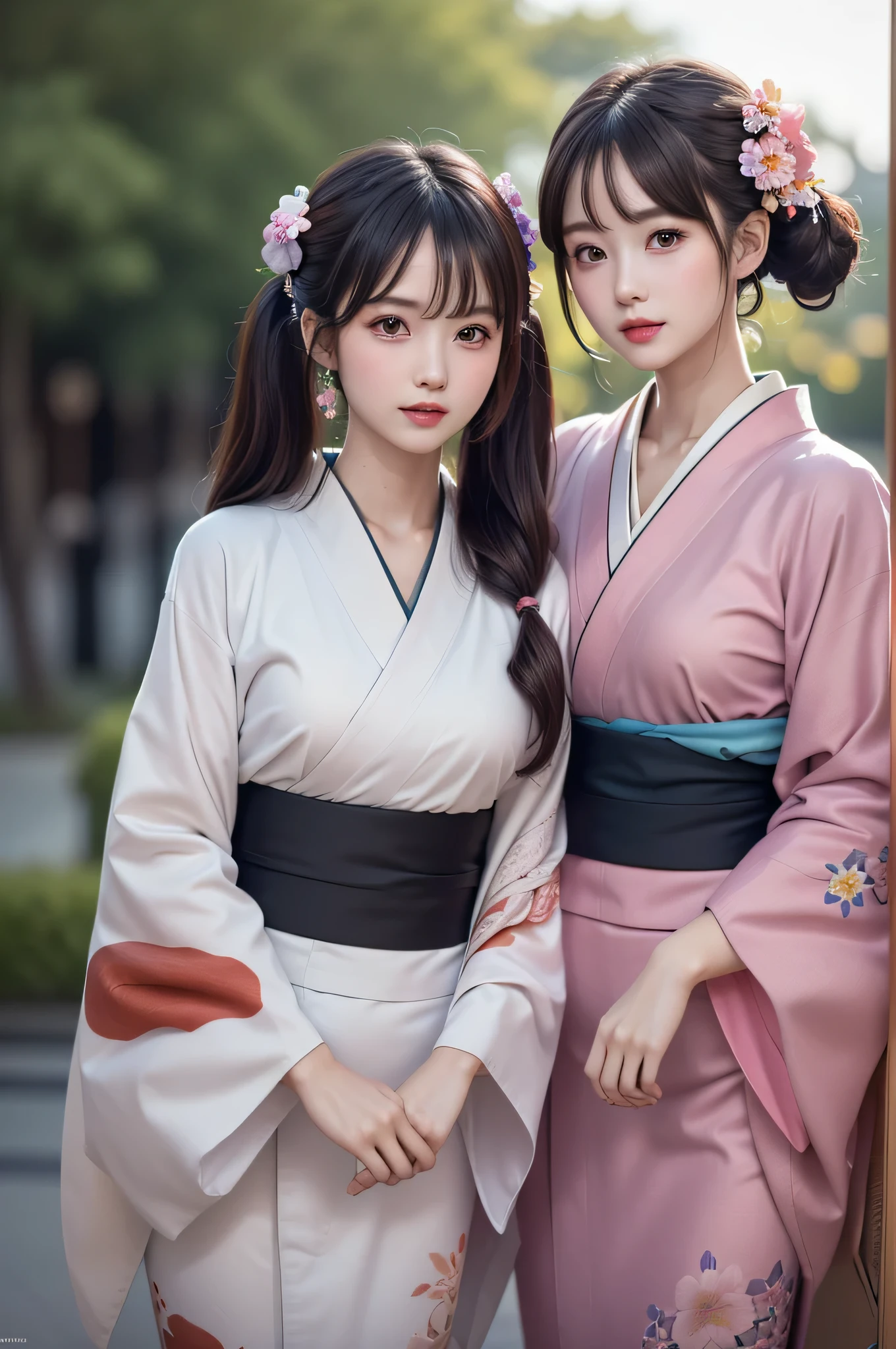 ((2girls)), ((Best Quality)), (Ultra-detailed), (extremely detailed CG unified 8k wallpaper), Highly detailed, High-definition raw color photos, Professional Photography, (Twin-tailed), Brown hair, Amazing face and eyes, Pink eyes, (amazingly beautiful girl), (Floral long-sleeved Kimono,:1.5), (Kimono:1.2), (((Bokeh))), depth of fields,