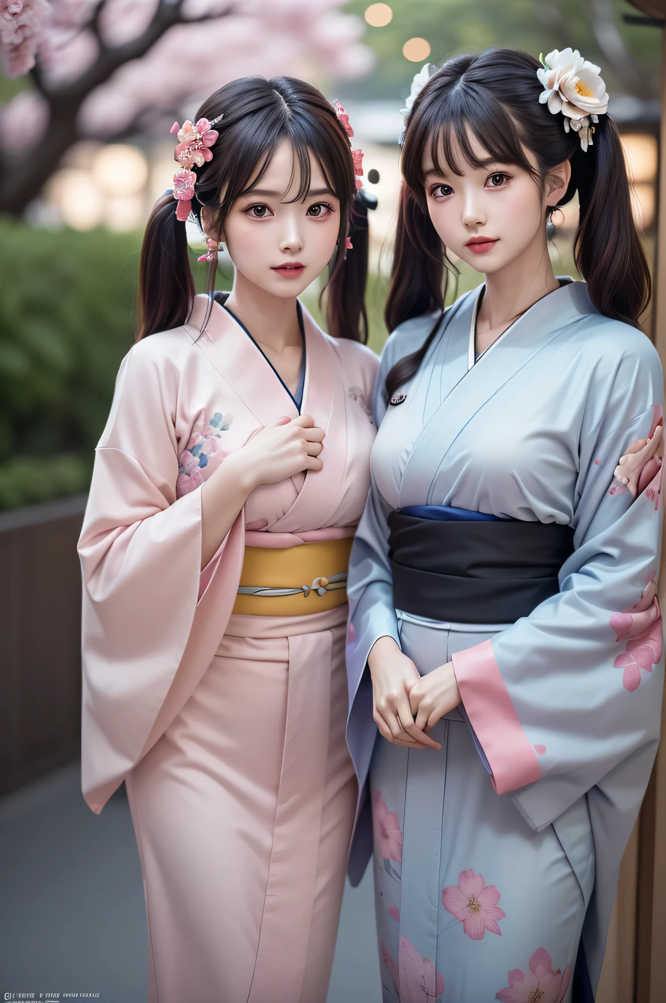 ((2girls)), ((Best Quality)), (Ultra-detailed), (extremely detailed CG unified 8k wallpaper), Highly detailed, High-definition raw color photos, Professional Photography, (Twin-tailed), Brown hair, Amazing face and eyes, Pink eyes, (amazingly beautiful girl), (Floral long-sleeved Kimono,:1.5), (Kimono:1.2), (((Bokeh))), depth of fields,